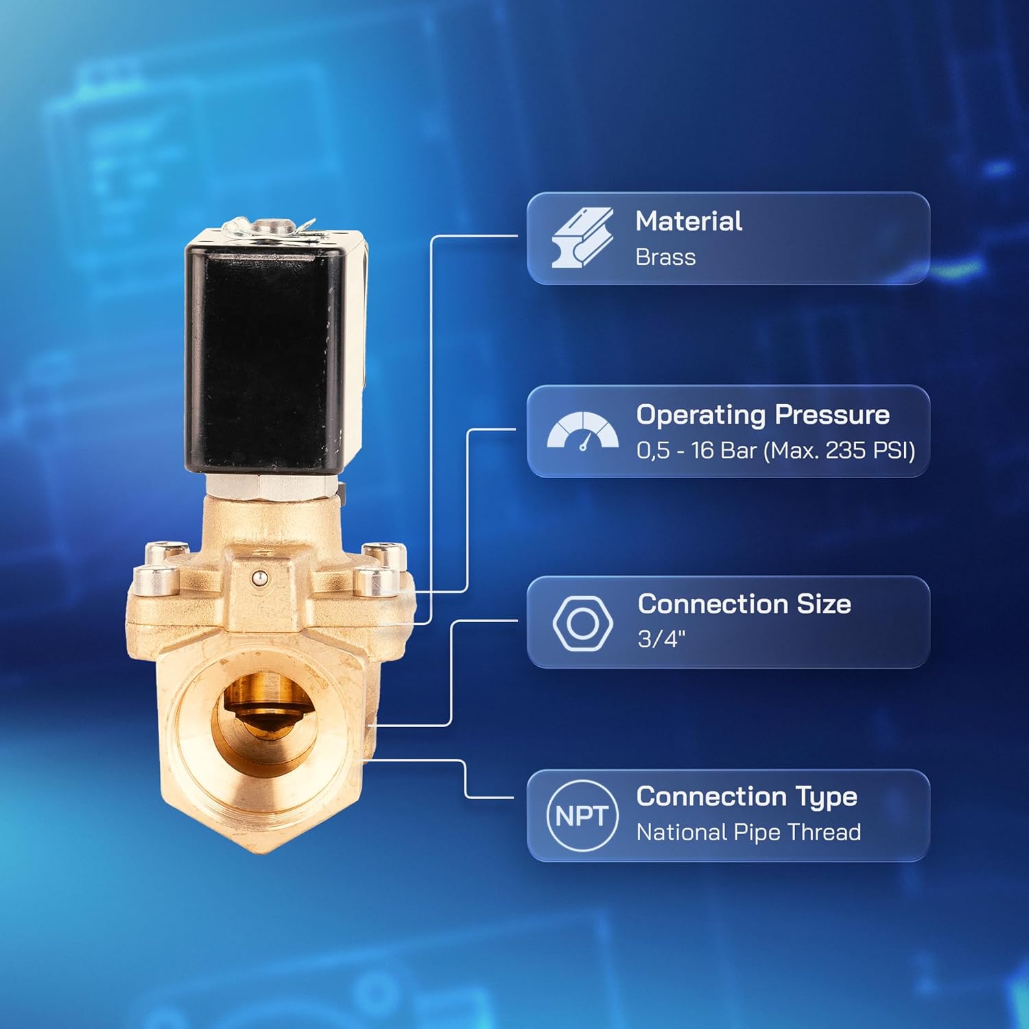UNOX 3/4" NPT Solenoid Valve 12V DC, Brass Control Valve Normally Closed - 7-232 PSI Multi-Purpose Reliable Control Valve for Water, Air, and Gas - Solenoid Valves