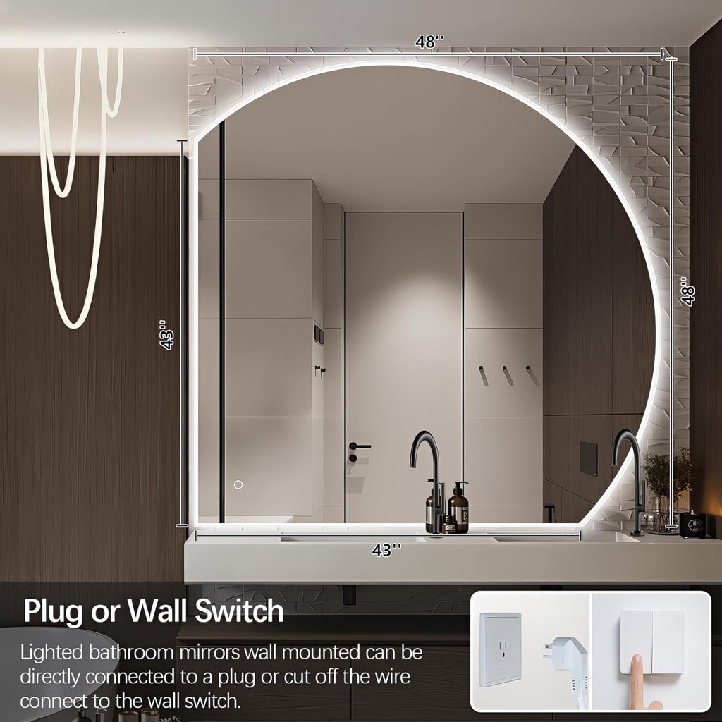 Niccy Half Moon LED Mirror for Bathroom, 28" Backlit + Front Lit Lighted Semi Round Makeup Mirrors for Wall, Anti-Fog, Dimmable 3-Colors, Memory Function, Shatterproof Smart Vanity Mirror