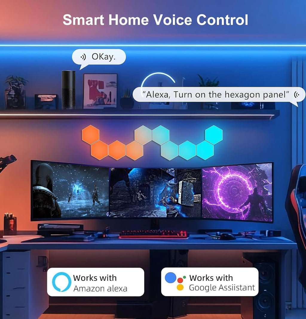 Hexagon LED Lights for Gaming Setup, Smart Home Gaming Lights Room Decor Work with Alexa Google Assistant, 14 DIY LED Panels for Wall Voice App Control Music Sync for TV Bedroom Aesthetic Decor Gift
