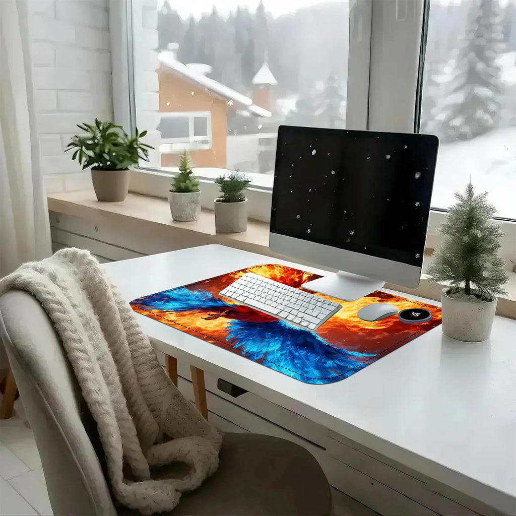 Heated Mouse Pad with 3 Temperature Settings(104°F–122°F),Large 24x14.2 Inch PU Leather Heated Desk Mat,Waterproof Warming Pad for Office,Gaming & Cold Hands Relief,Fiery Phoenix Bird