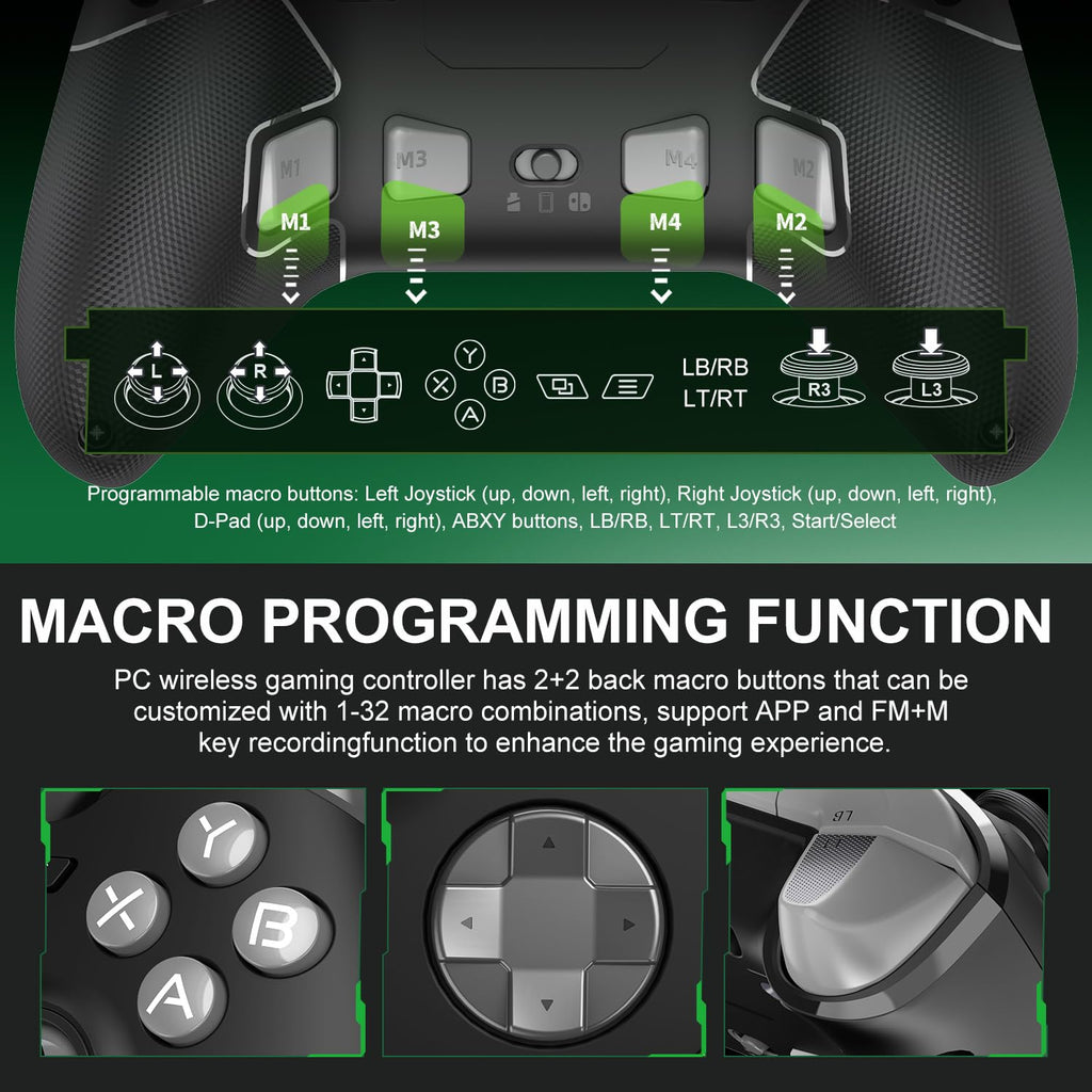 PXN P5 PC Gaming Controller, 2.4G Wireless Gaming Controller, Hall Effect Joystick, Hall Triggers, Dual Vibrators, APP, POM, Wake-up, 4-Macro, 3-Mode(2.4G/BT/SW), for PC,Switch,Android,iOS - Black