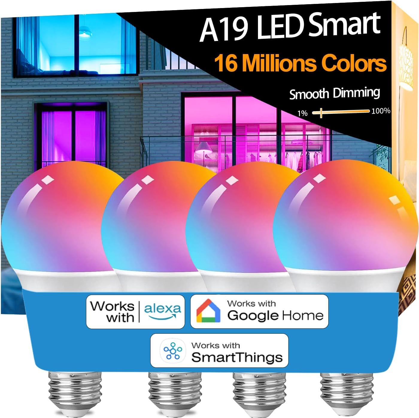 Vinaco A19 Smart LED Bulb 9W 800LM, 60W Equivalent, RGB Color Changing Light Bulb Work with Alexa & Google Assistant, WiFi Bluetooth Light Bulbs E26 Base, Smart A19 Dimmable Light, No Hub Needed