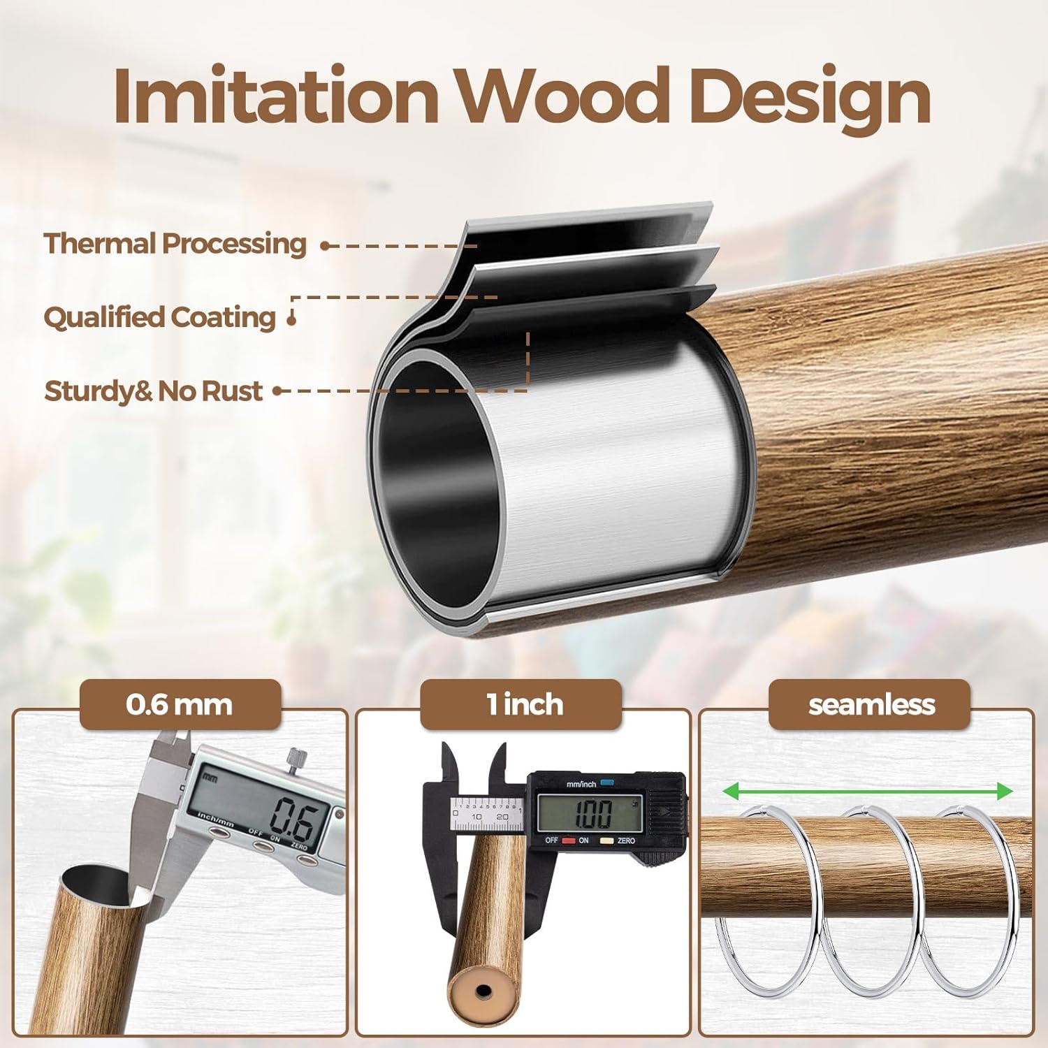 KAMANINA Wood Curtain Rods for Windows 32 to 58 Inch(2.6-4.8ft), 1 Inch Adjustable Drapery Rod, Decorative Heavy Duty Curtain Rods with Leaf Pattern Finials, Wood Grain