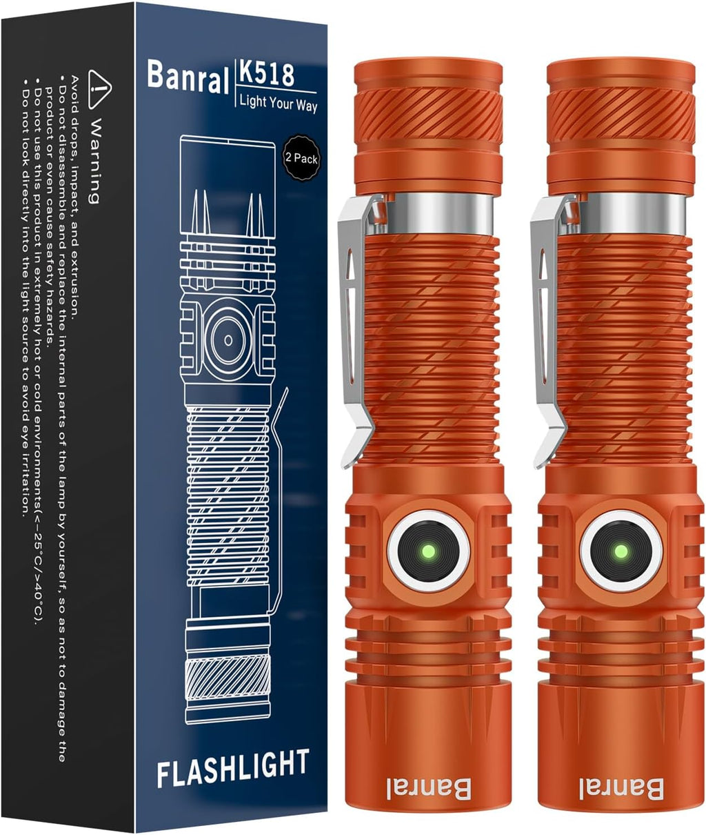 Rechargeable Tactical Flashlights, High Lumens Small Mini USB-C LED Flashlight, Compact EDC Flash Light, 4 Modes&Memory Function, Waterproof Pocket Lights for Home,Camping,Emergency (2, Orange)