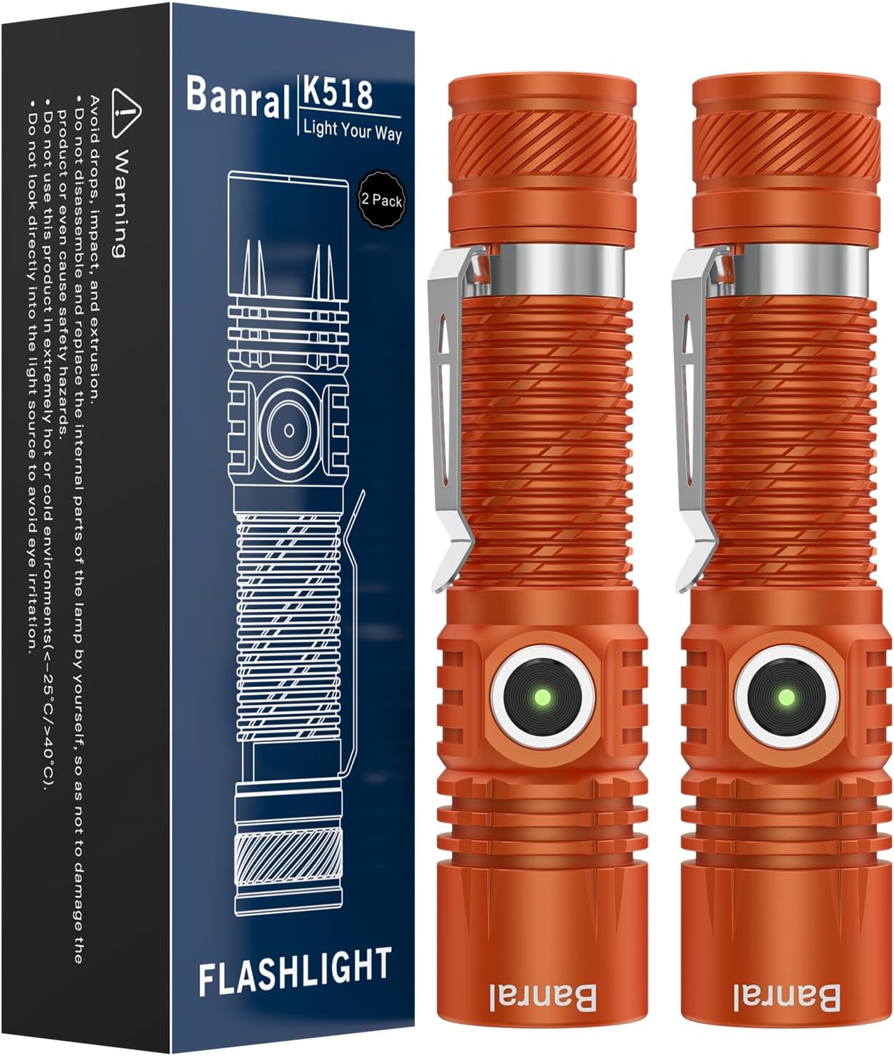 Rechargeable Tactical Flashlights, High Lumens Small Mini USB-C LED Flashlight, Compact EDC Flash Light, 4 Modes&Memory Function, Waterproof Pocket Lights for Home,Camping,Emergency (2, Orange)