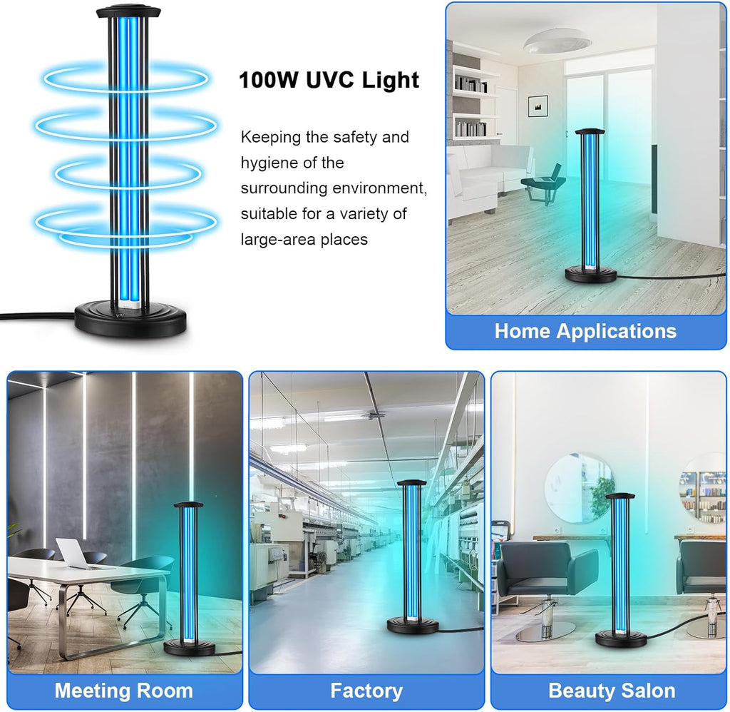 Qualirey 100W UV & Ozone Sanitizer with UV Light Glasses, High Power Room Disinfection Light with 3 Level Timer & Remote, Whole Room Disinfection for Large Spaces, Offices & Basements