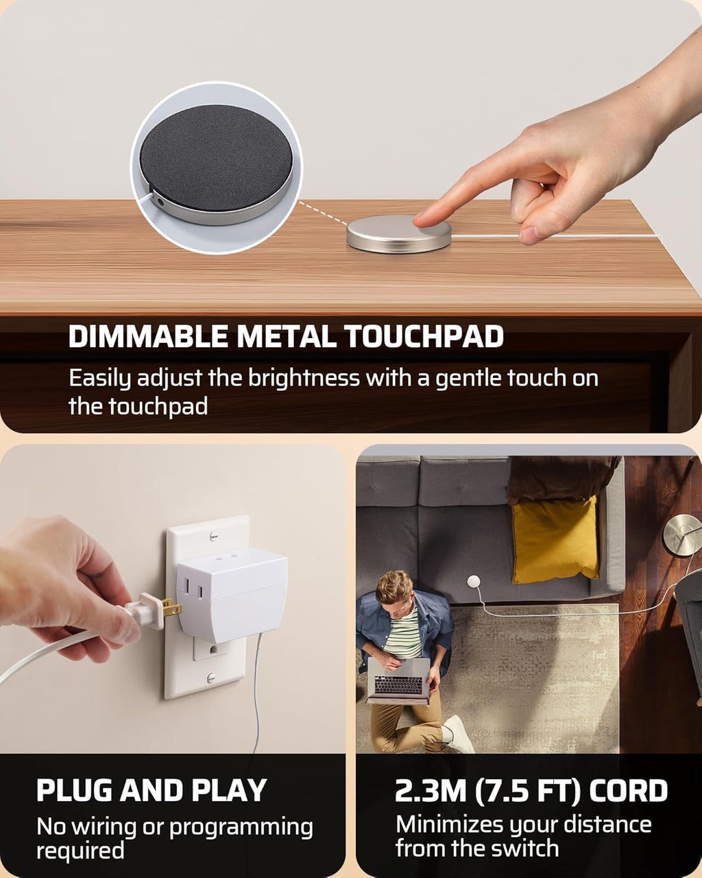 DEWENWILS 2 Pack Touch Dimmer Switch, Plug and Play Lamp Touch Control Pad, Touch Lamp Switch, Dimmable LED/CFL Lights, and Incandescent Bulbs, Dimmer Extension Cord, ETL Listed, White