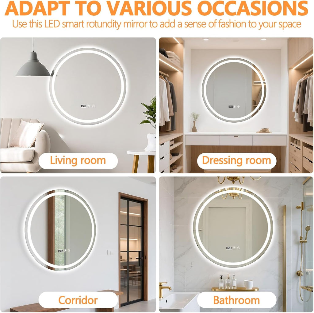 24" Round LED Bathroom Mirror with Anti-Fog & Touch Switch - 60x60cm Wall-Mounted Makeup Vanity Mirror, No Drilling Required, Smart Display Bathroom Mirror