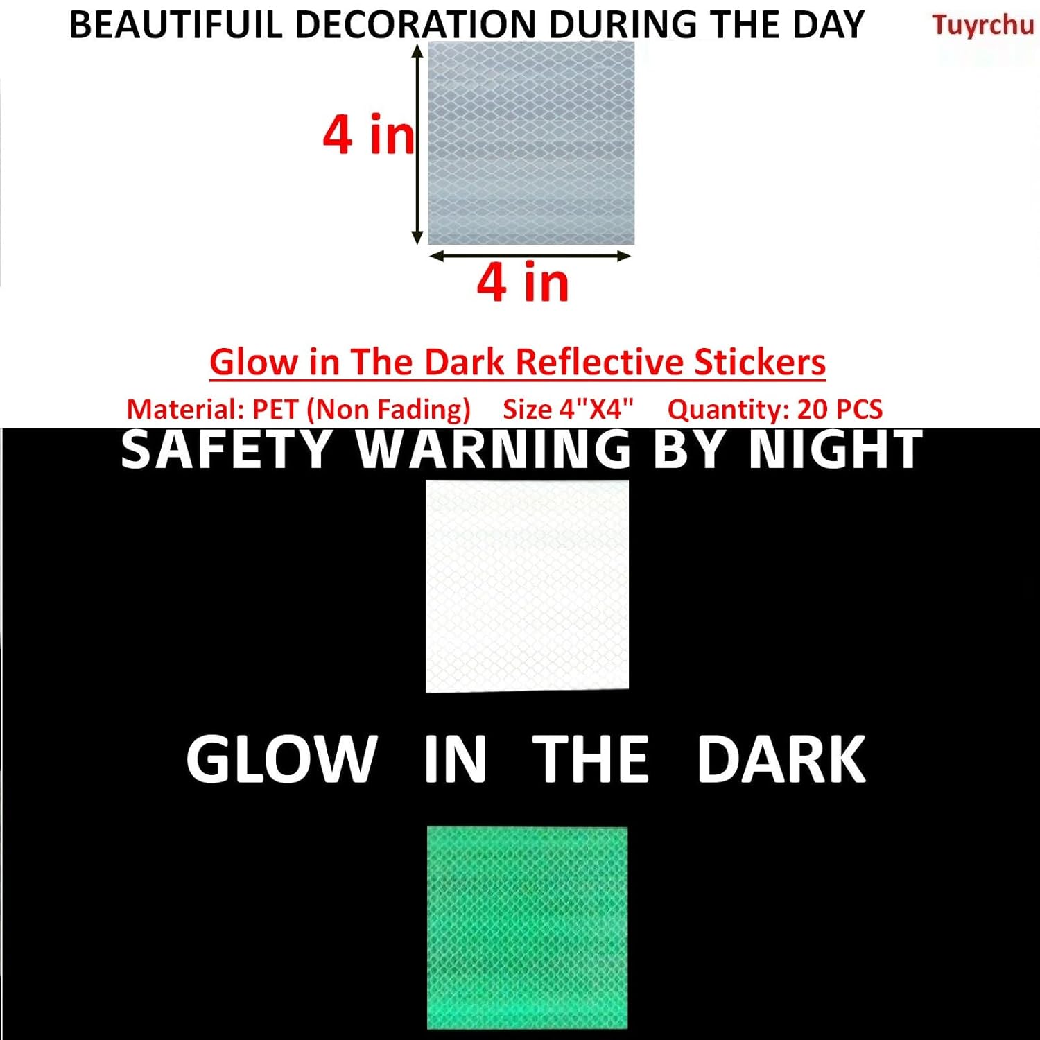 Glow in The Dark Reflective Stickers 4 inch X 4 inch for Bikes, Outdoor Waterproof High Visibility Reflector (20 Pcs)