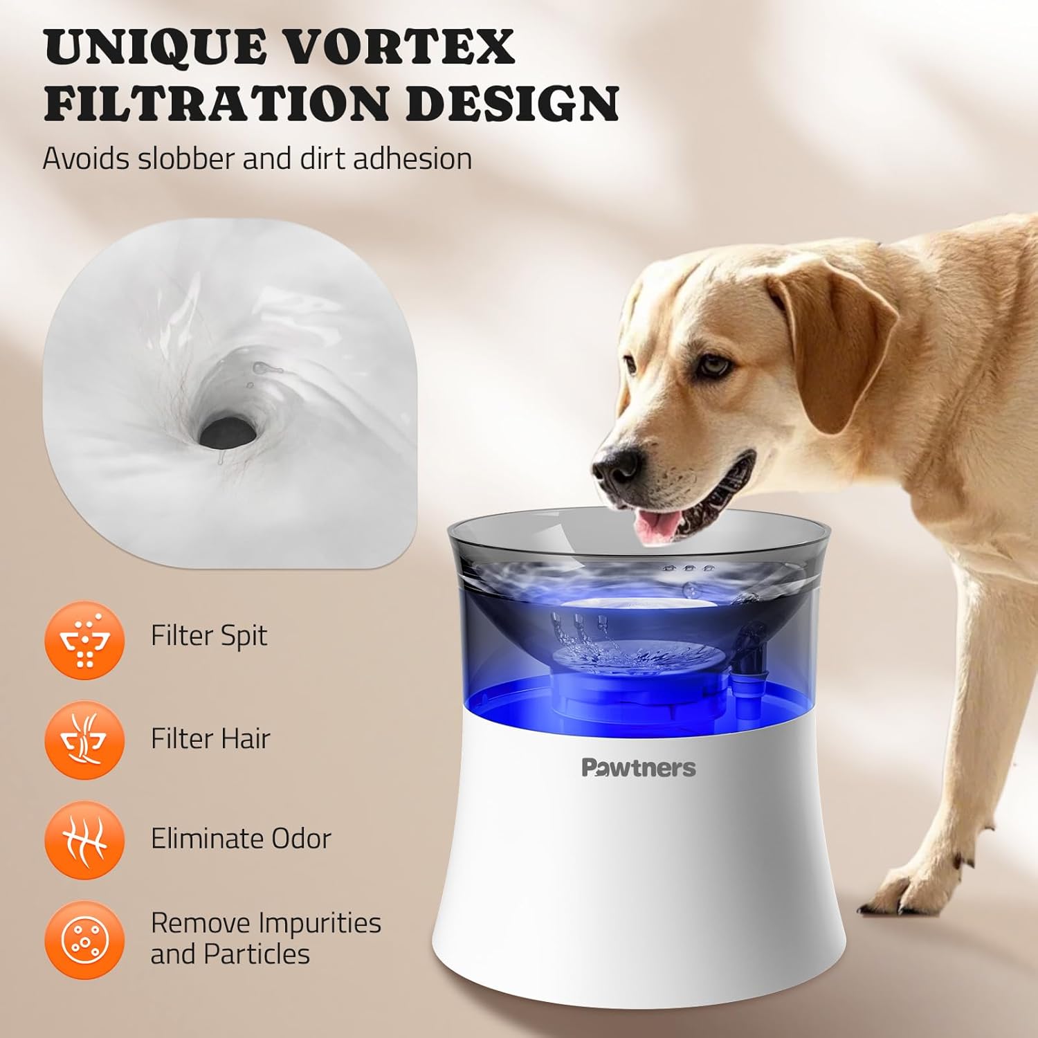 Pawtners Dog Water Fountain, 1 Gallon Automatic No Spill Pet Water Bowl Dispenser for Small Medium Large Dogs with Vortex Filter, Deep Drinking Area and Quiet Pump