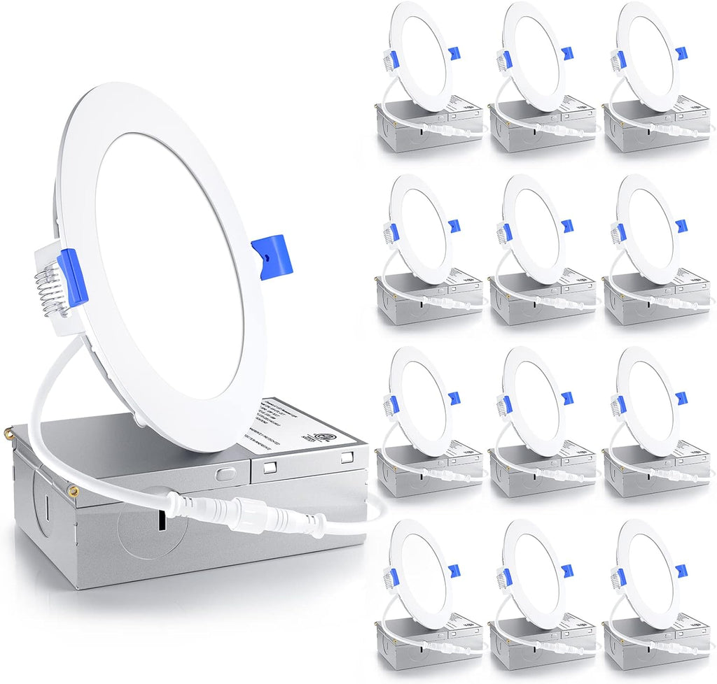 Ensenior 12 Pack 4 Inch LED Recessed Ceiling Light, Dimmable, 4000K Cool White, 750LM 9W 120V, High Brightness Canless Wafer Downlight - ETL&FCC&IC