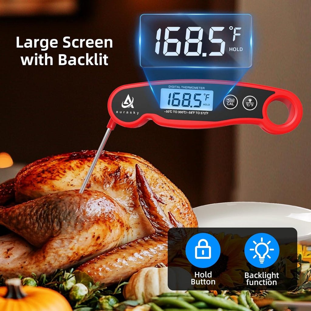Aurasky Instant-Read Meat Thermometer Digital for Cooking and Grilling, Waterproof Food Thermometer with Backlight, Calibration & Hold Function for Kitchen, BBQ, Deep Fry, Candy, Liquid (Red)