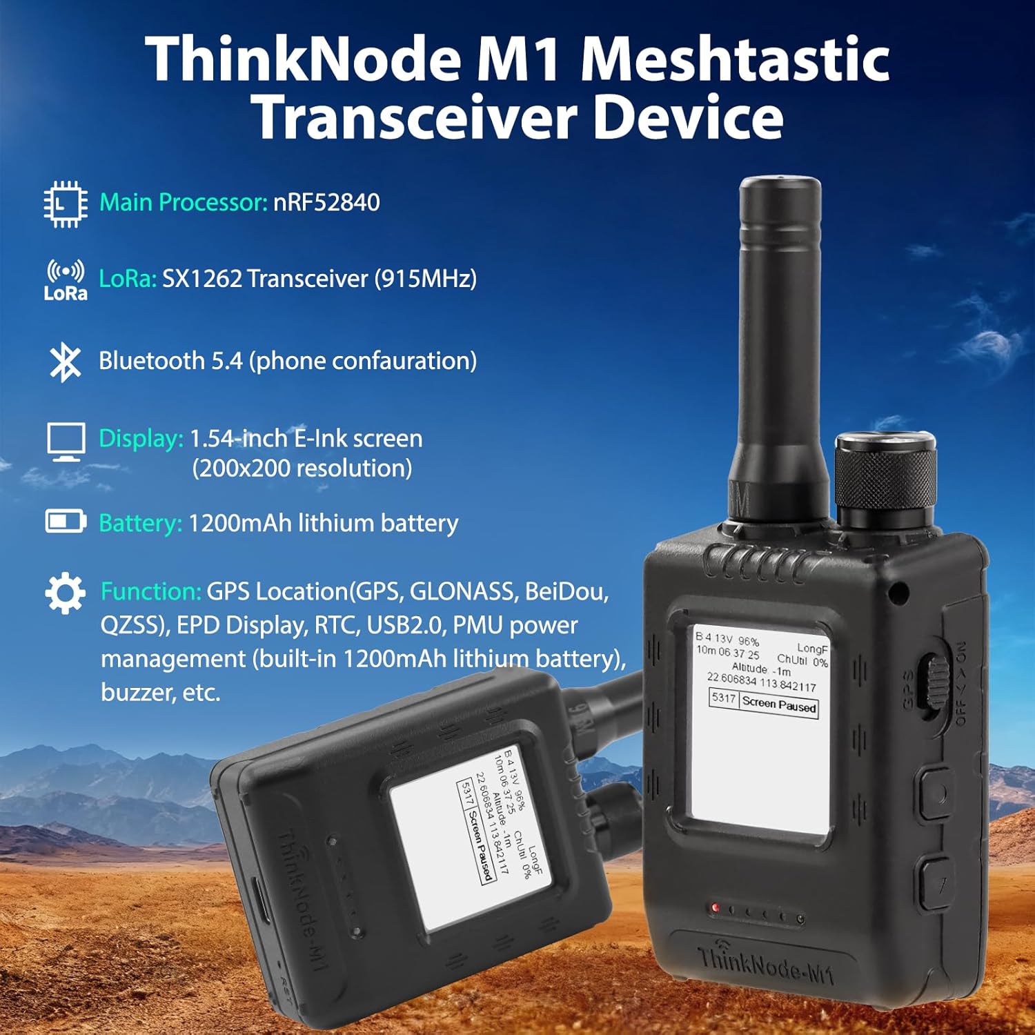 ELECROW LoRa Meshtastic Transceiver with GPS and nRF52840 - ThinkNode M1 with 1.54" EPD Screen and Case, SX1262 Wireless Module 915MHz, 1200mAh Battery for Meshtastic