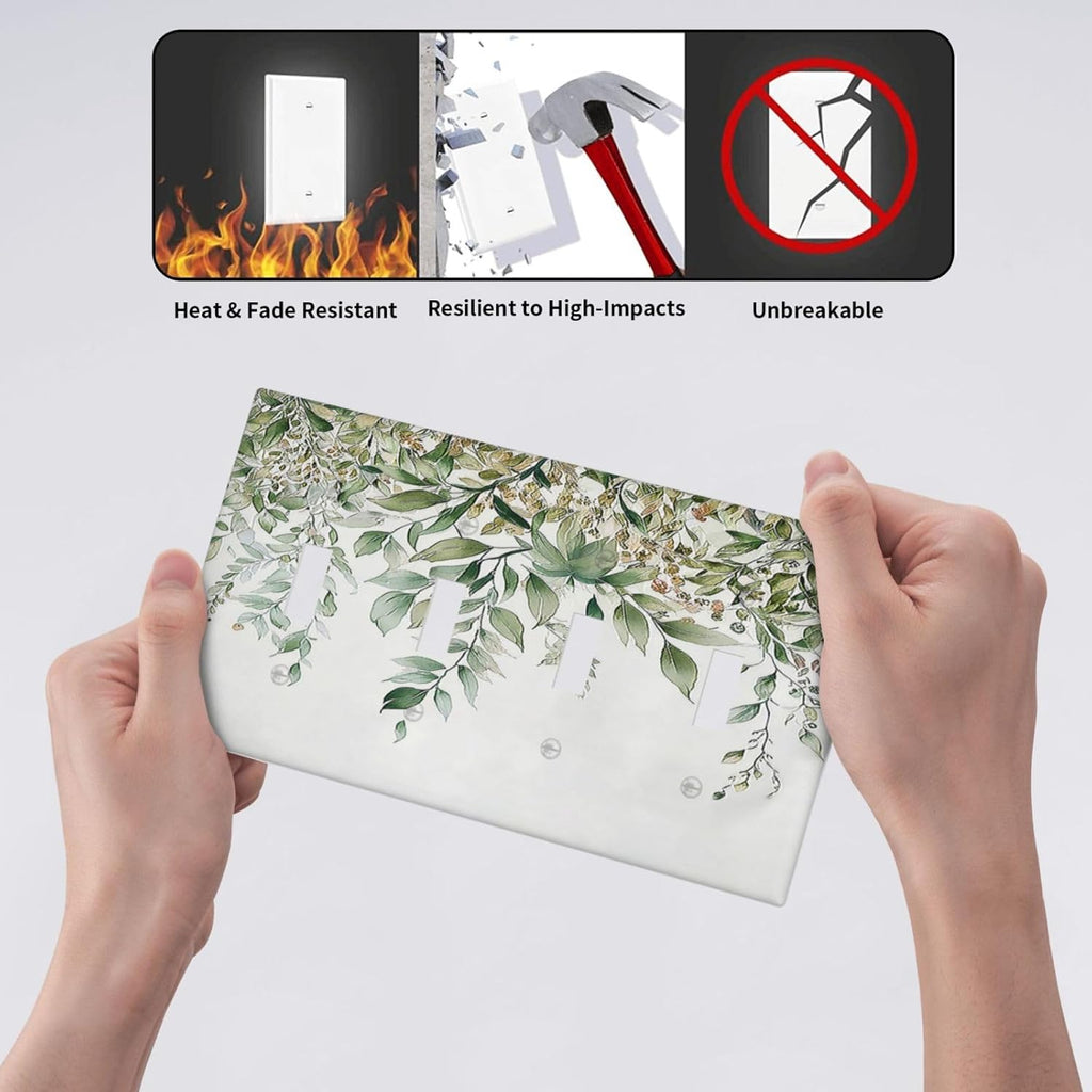 Light Switch Covers Sage Green Eucalyptus Watercolor Plant Leaves Quad Toggle Electrical Faceplate 4 Gang Wall Plate Decorative Switch Plates for Bedroom Bathroom Decor