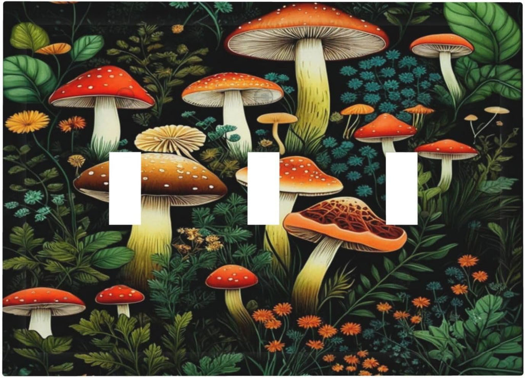 Decorative Light Switch Plate Covers Boho Red Mushroom Green Leaf Plants Floral 3 Gang Wall Plate Switch Cover Plate Triple Toggle Jumbo Electrical Faceplate for Bedroom Home Decor