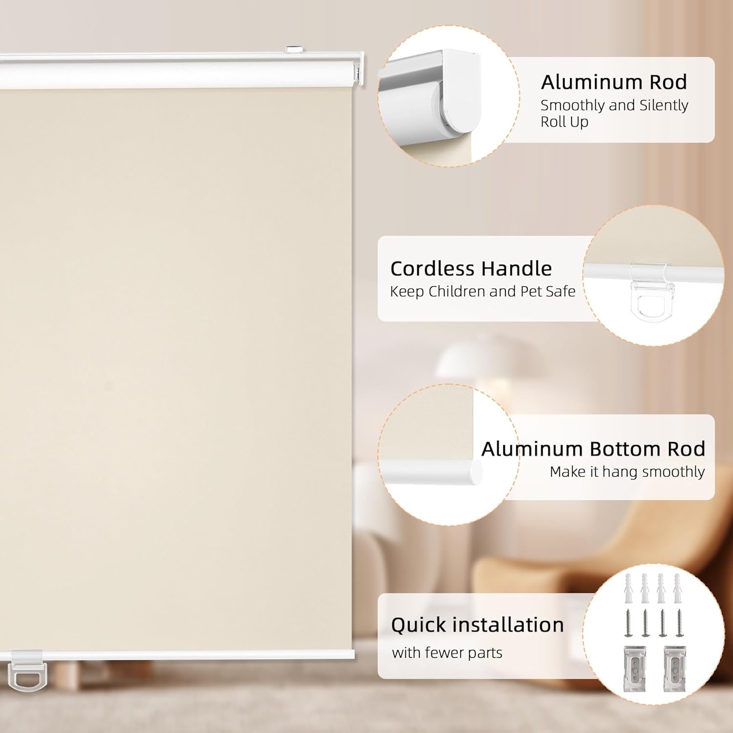 ChrisDowa Cordless Blackout Roller Shades for Windows, Thermal Insulated UV Protection Pull Down Shades, Total Blackout Window Blinds for Home, Office, Bedroom, Door (22" W x 72" H, Beige)