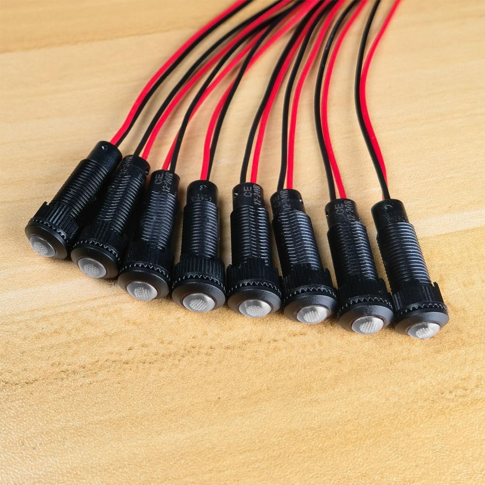 8pcs White LED Indicator Pilot Light AC/DC 12-24V Mounting Hole Size 8mm(Flame Retardant Plastic Shell)
