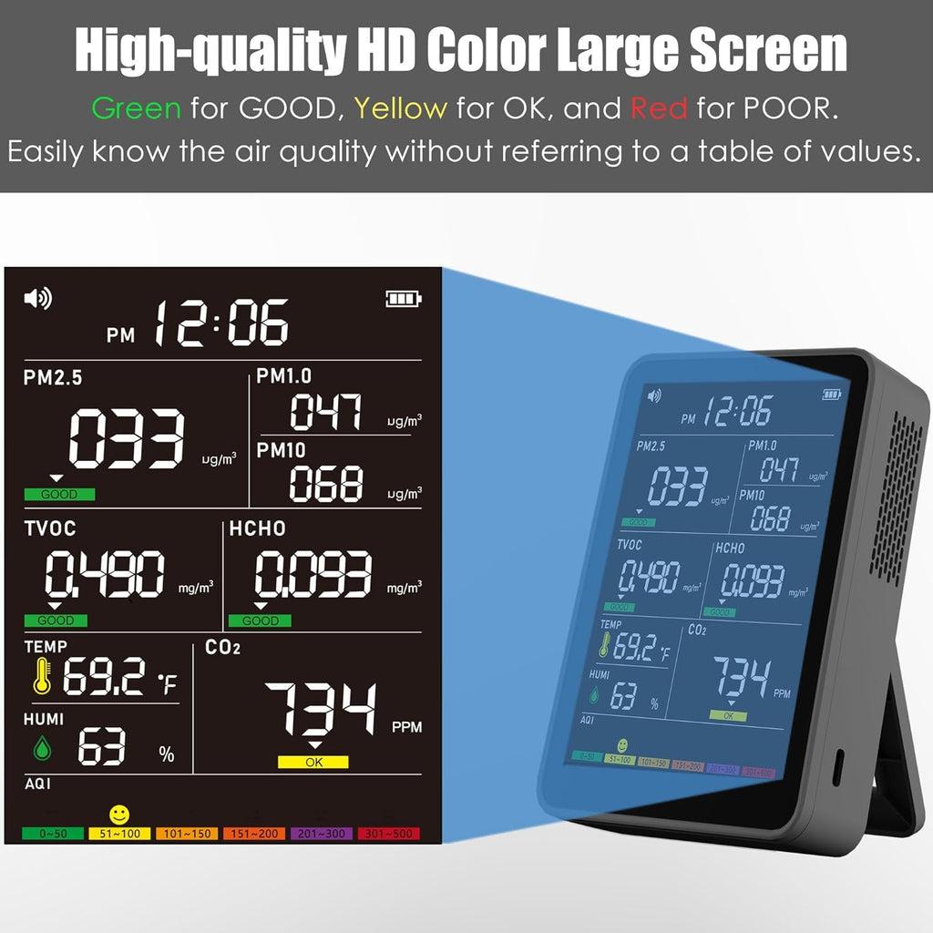 Professional Indoor Air Quality Monitor with AQI Alarms, Portable Real-Time Detector for Home Cars Plants and Pets (Glossy Black)