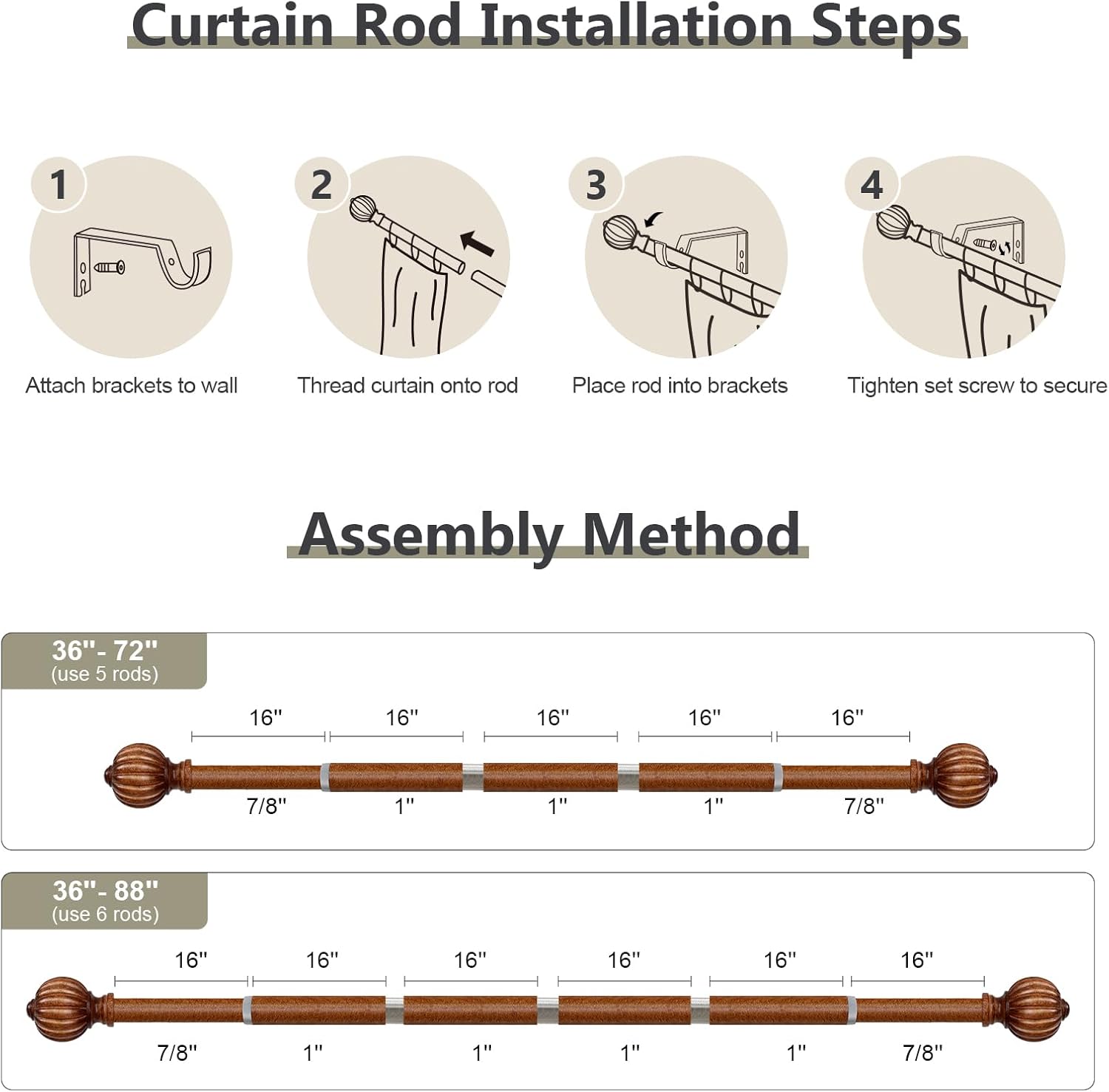 2 Pack Dark Brown Wood Curtain Rods for Windows 48 to 84 Inch, 1'' Adjustable Heavy Duty Curtain Rod，Vintage Imitation Wood Decorative Drapery Rods with Pumpkin Finials for Bedroom Living Room