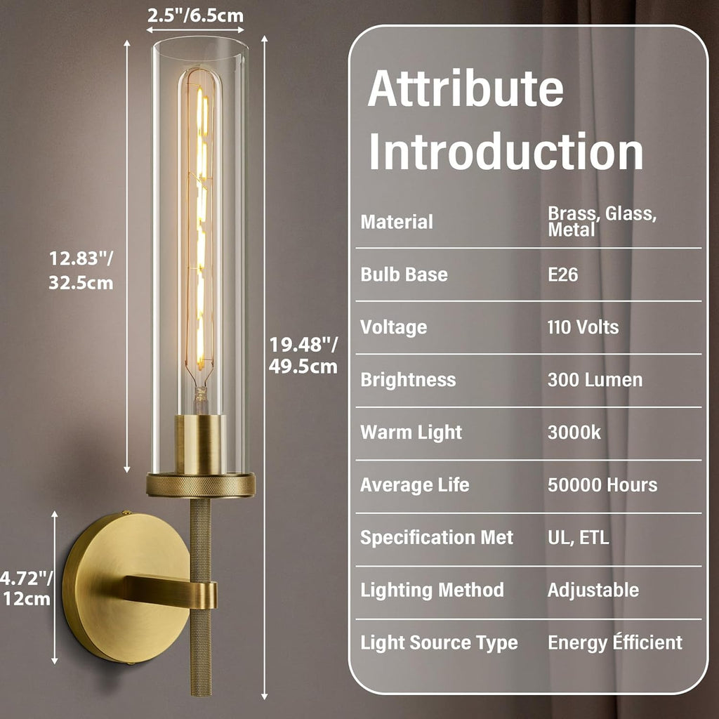 Brass Wall Sconce 19.48" Handcrafted Vintage Wall Lamp with Clear Glass Tube & Knurled Detailing, Sconce Lighting for Bedroom Bathroom Hallway Staircase Entryway, Dining Room Decor Lighting Fixture