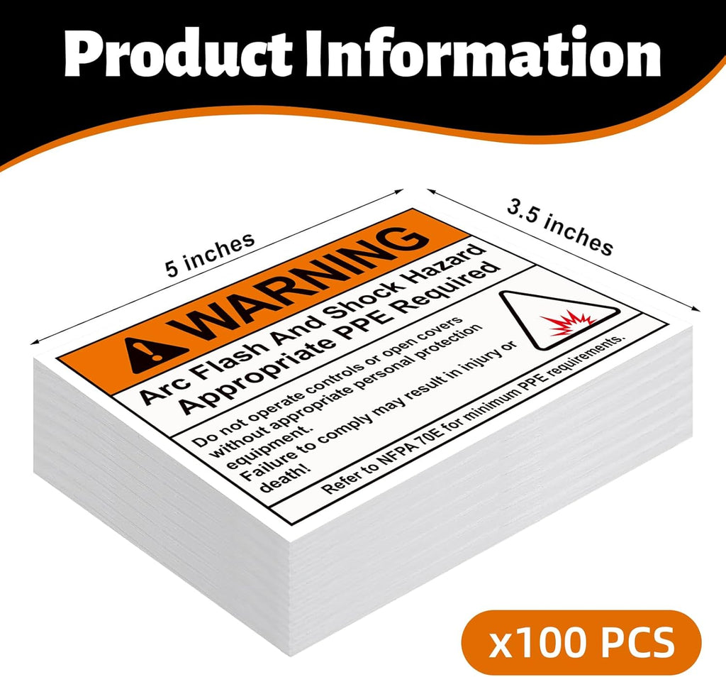 100 Pcs Warning Arc Flash and Shock Hazard Label - 5 x 3.5 Warning Safety Appropriate PPE Required Signs for Electrical Workplace