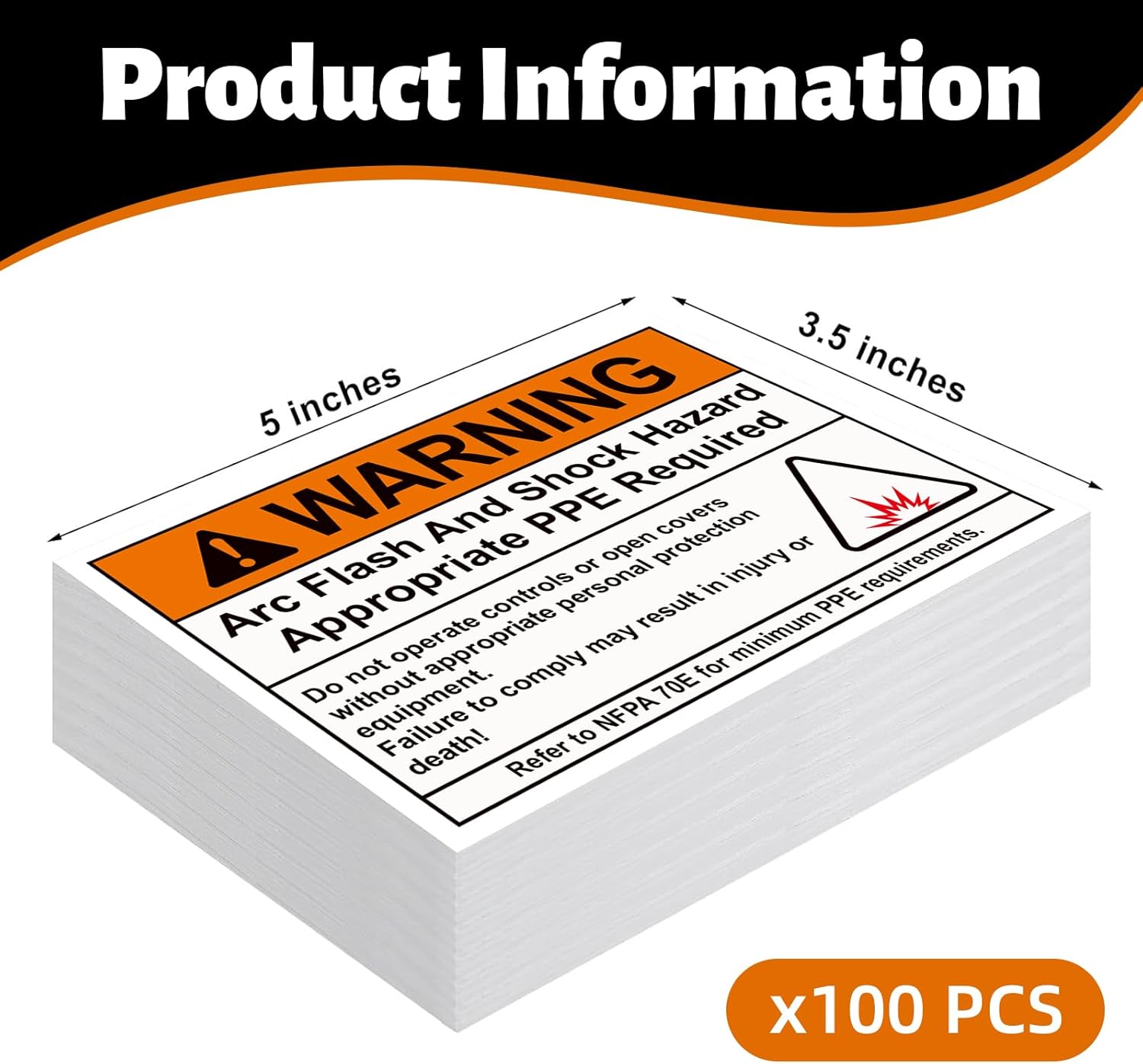 100 Pcs Warning Arc Flash and Shock Hazard Label - 5 x 3.5 Warning Safety Appropriate PPE Required Signs for Electrical Workplace