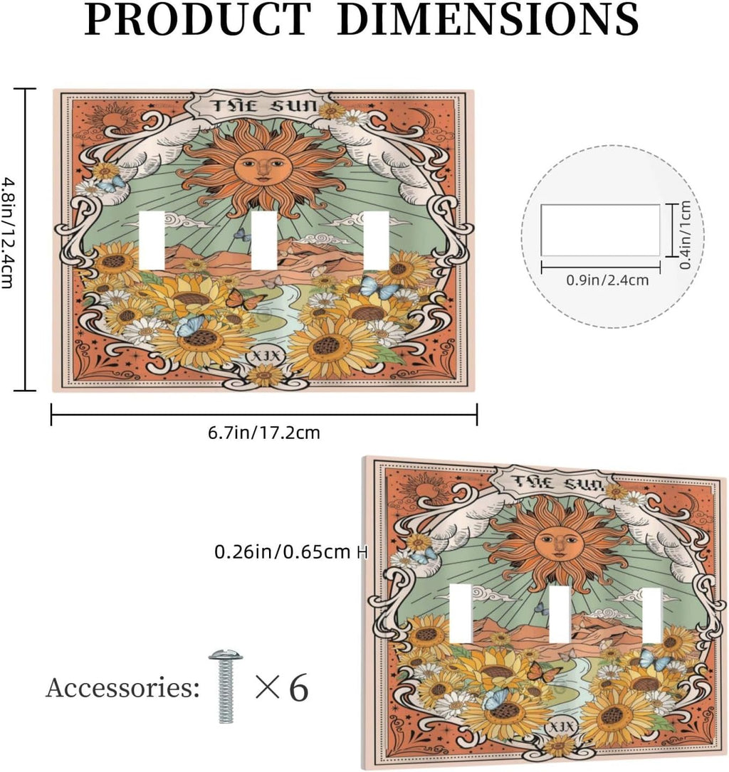Boho Retro Sun Sunflower Vintage Flower Butterfly Decorative Switch Plates 3 Gang Wall Plate Triple Toggle Light Switch Cover Faceplate Electrical Wall Panels for Farmhouse Home Decor