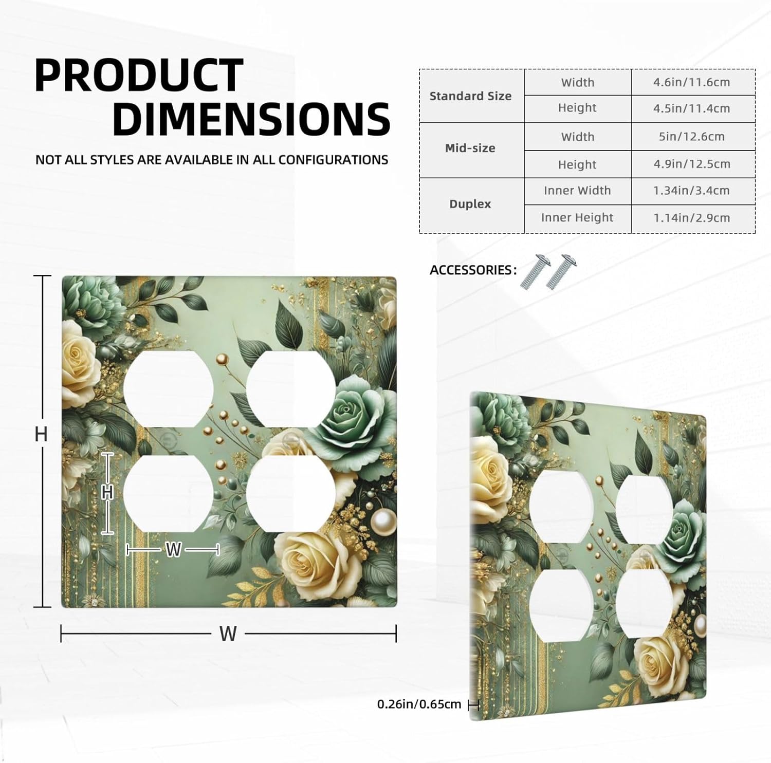 Decorative Outlet Covers Rustic Green Floral Leaves Teal Flowers Gold Stripe 2 Gang Wall Plate Cover Double Duplex Receptacle Two Switch Light Switch Cover Plate Faceplate