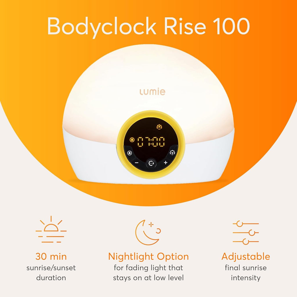 Lumie Bodyclock Rise 100 - LED Wake-Up Light Alarm Clock with Realistic Sunrise and Sunset, Dimmable, White/Yellow