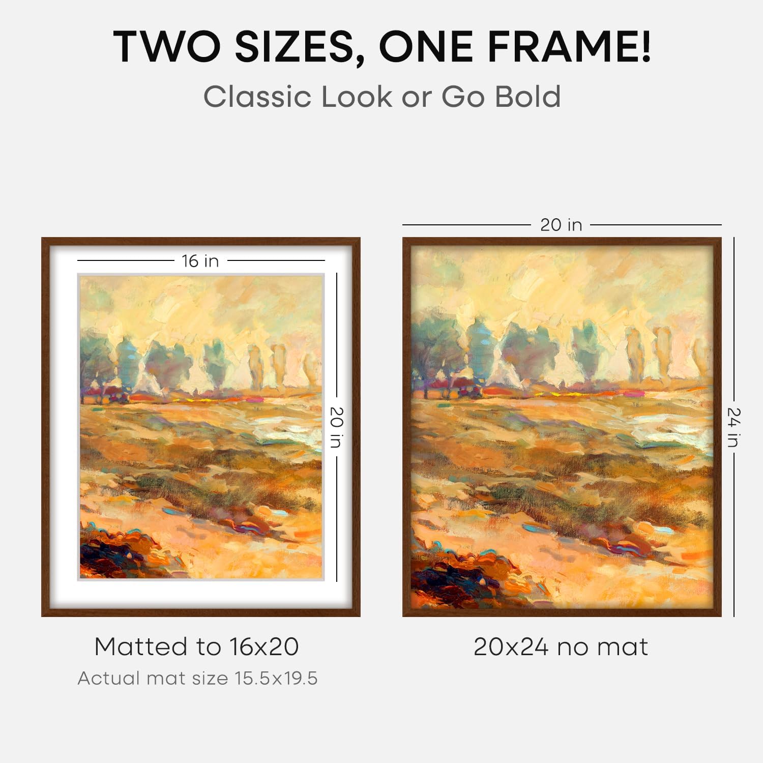 Homeforia 20x24 Picture Frame Brown, High End Dark Oak 20x24 Walnut Wooden Poster Frames with Mat 16x20, 20 x 24 Wood Frame Matted to 16 by 20, 24x20 Hanging Frames, Tempered Glass, Wall Kit, Set of 1