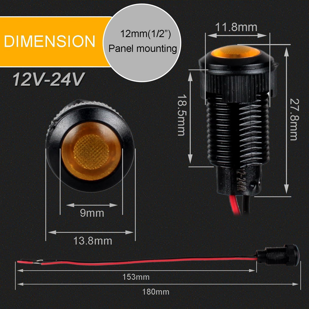 5pcs 12mm 12V-24V LED Indicator Light Plastic Black Signal Dot Lamp 12V-24V 1/2 inches Mounting Hole Size with 15cm/5.9in. Wire (Yellow LED)