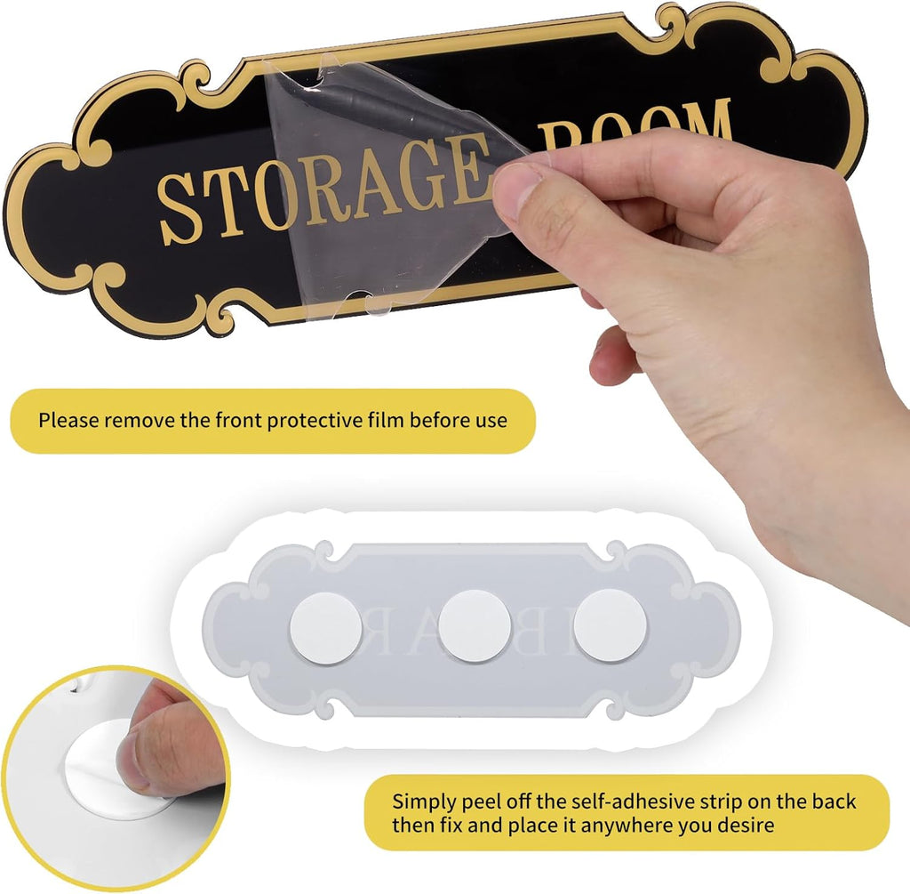 9x3 Inch Storage Room Sign Acrylic Self-adhesive Door Wall Signage for Home and Business (Black & Gold)