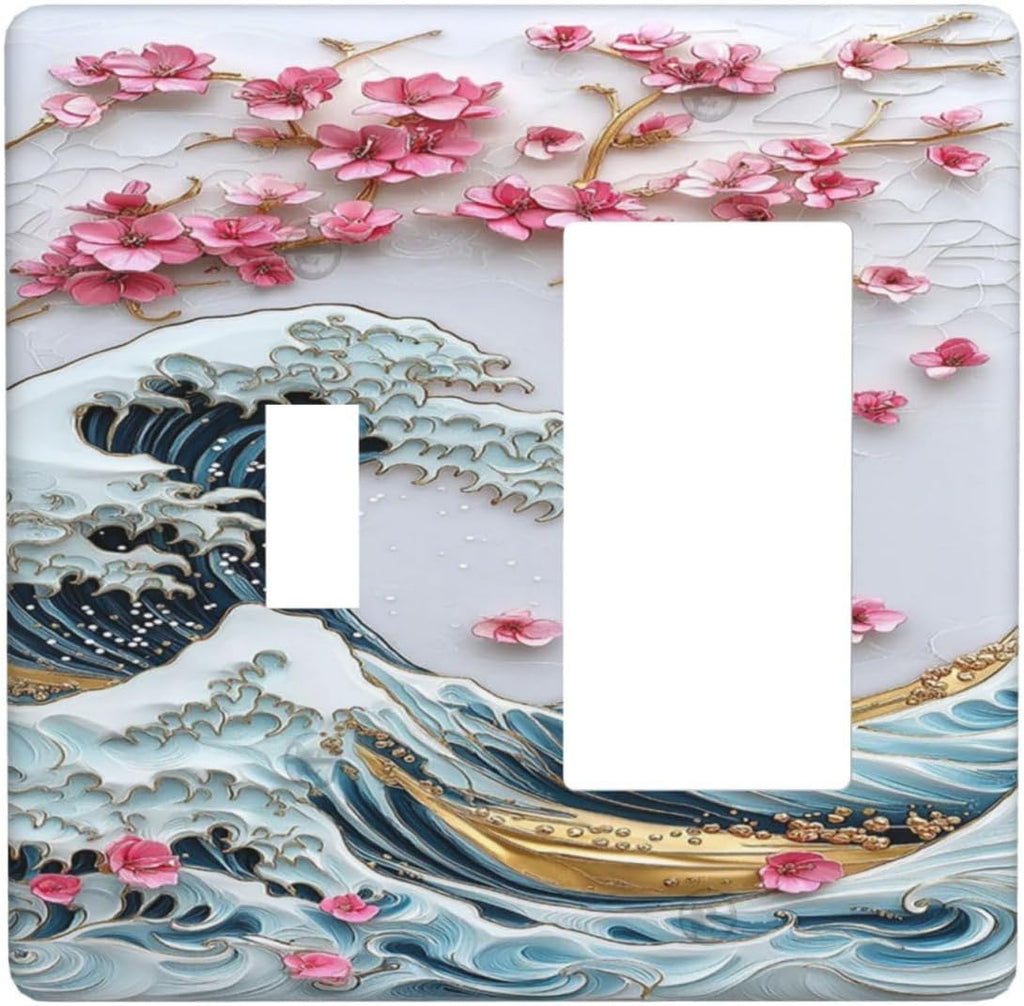 Outlet Covers The Great Wave Off Kanagawa With Sakura 1 Toggle 1 Rocker Combination Decorative Wall Plate Electrical Switch Plates Light Switch Cover Plate for Bedroom Bathroom Decor