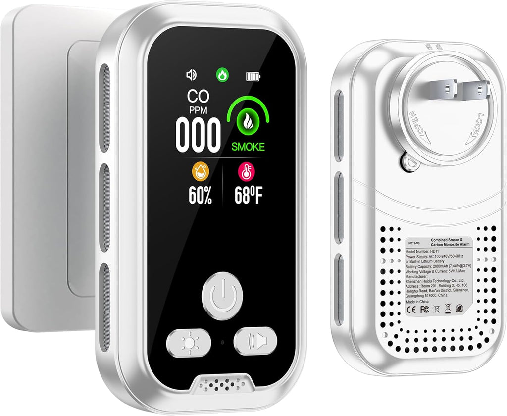 4in1 Plug in Smoke & Carbon Monoxide Detector Combination Builti-in 2000mAh Backup Battery HD Screen [Smoke CO Temp Humidity Sensor] for Home Hotel Travel (1 Pack, White)