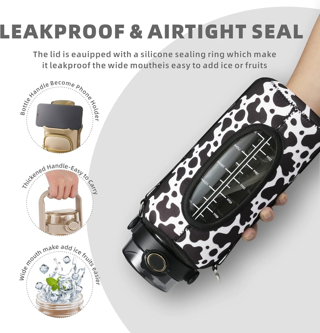 Half Gallon 64oz Glass Water Bottle with Straw and Storage Sleeve Motivational Water Bottle with Strap and Time to Drink 2L Leakproof Reusable Water Jug for Fitness Gym and Outdoors