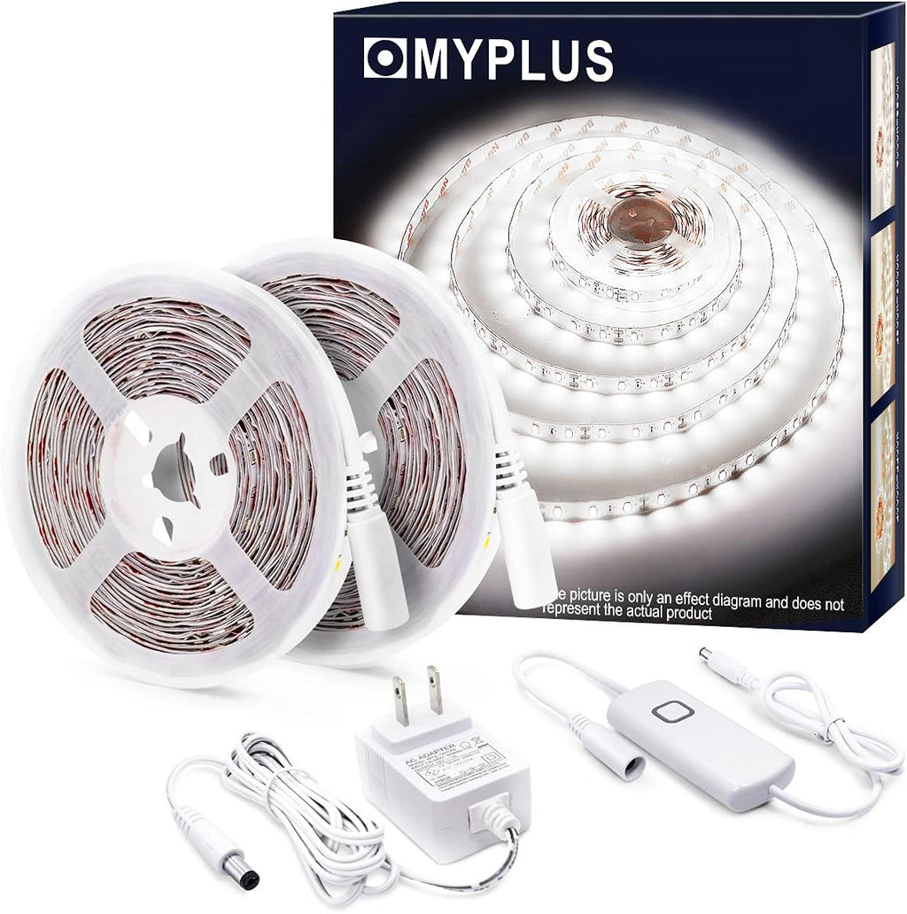 MYPLUS 32.8 FT White Strip Lights, Dimmable LED Tape Light 6500K Bright Daylight White, Flexible Under Cabinet Lights with 600 LEDs and UL Listed Safety Power Supply for Room,Kitchen and décor