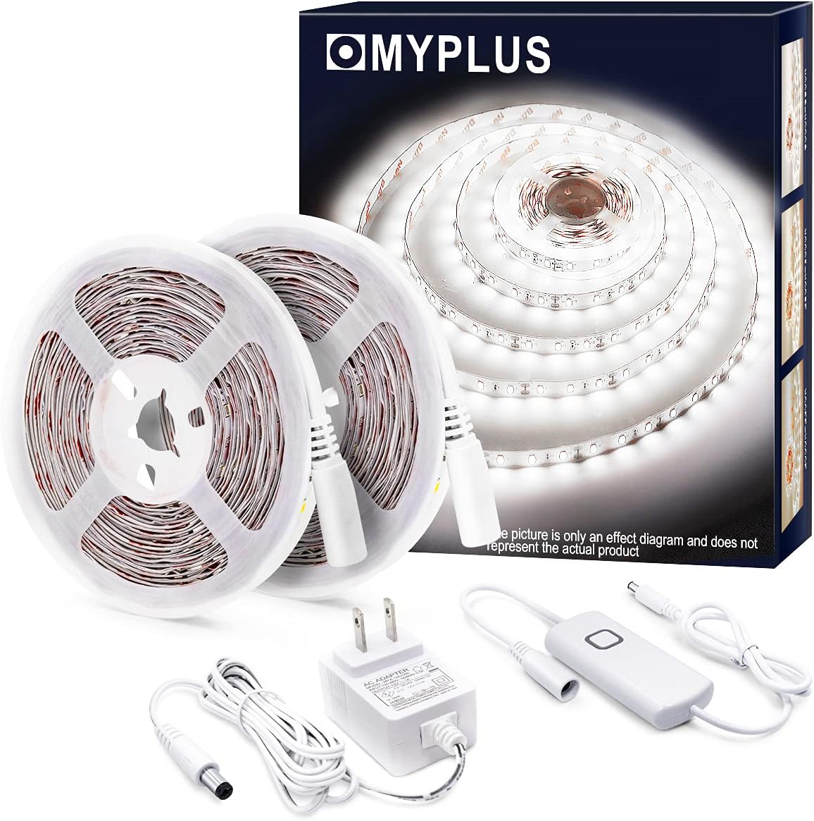 MYPLUS 32.8 FT White Strip Lights, Dimmable LED Tape Light 6500K Bright Daylight White, Flexible Under Cabinet Lights with 600 LEDs and UL Listed Safety Power Supply for Room,Kitchen and décor