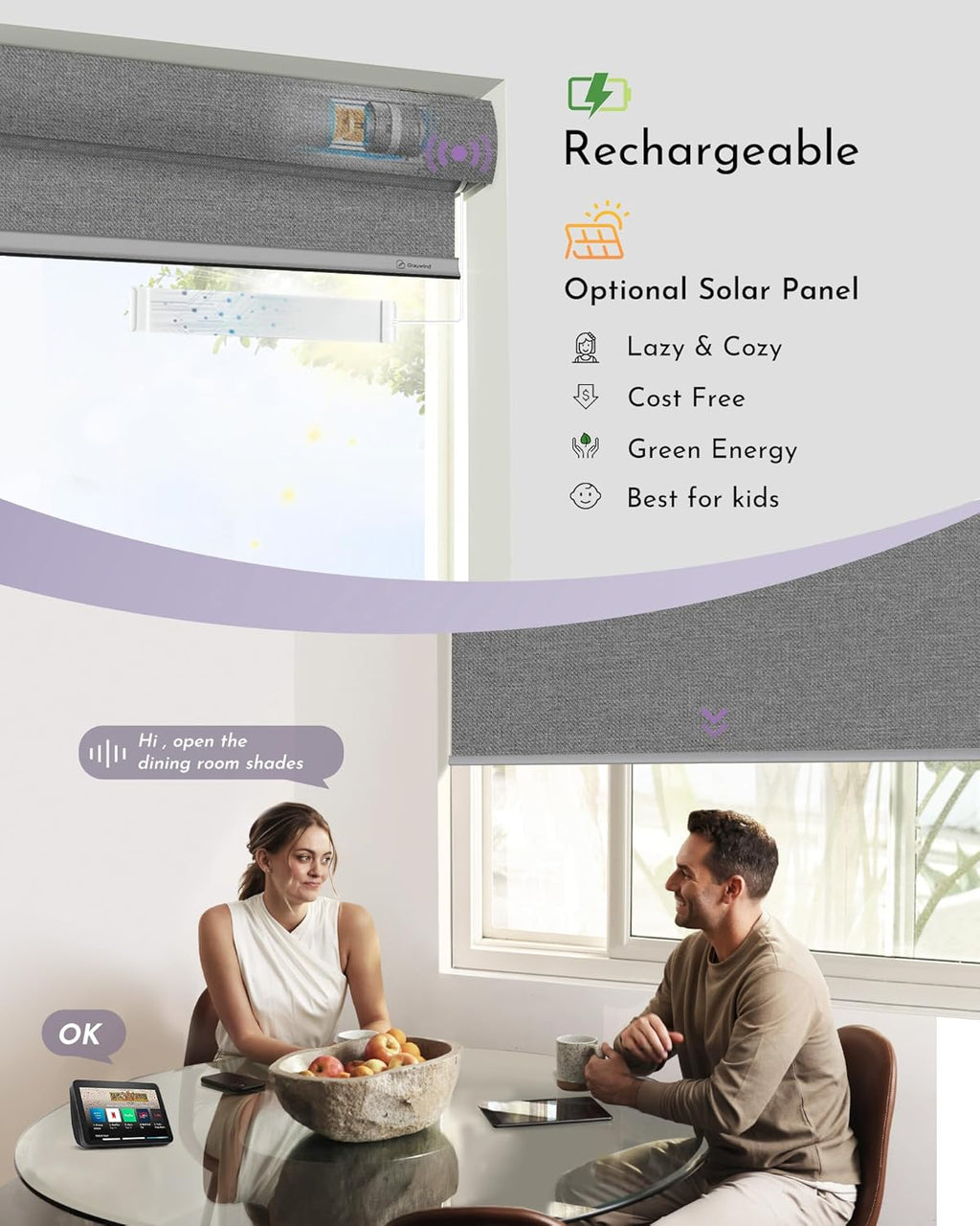 Graywind Smart Blackout Roller Shades Compatible with Alexa Google Textured Fabric Rechargeable Motorized Blinds Cordless Remote Control Window Shades, Custom Size (Weaving Cloud)
