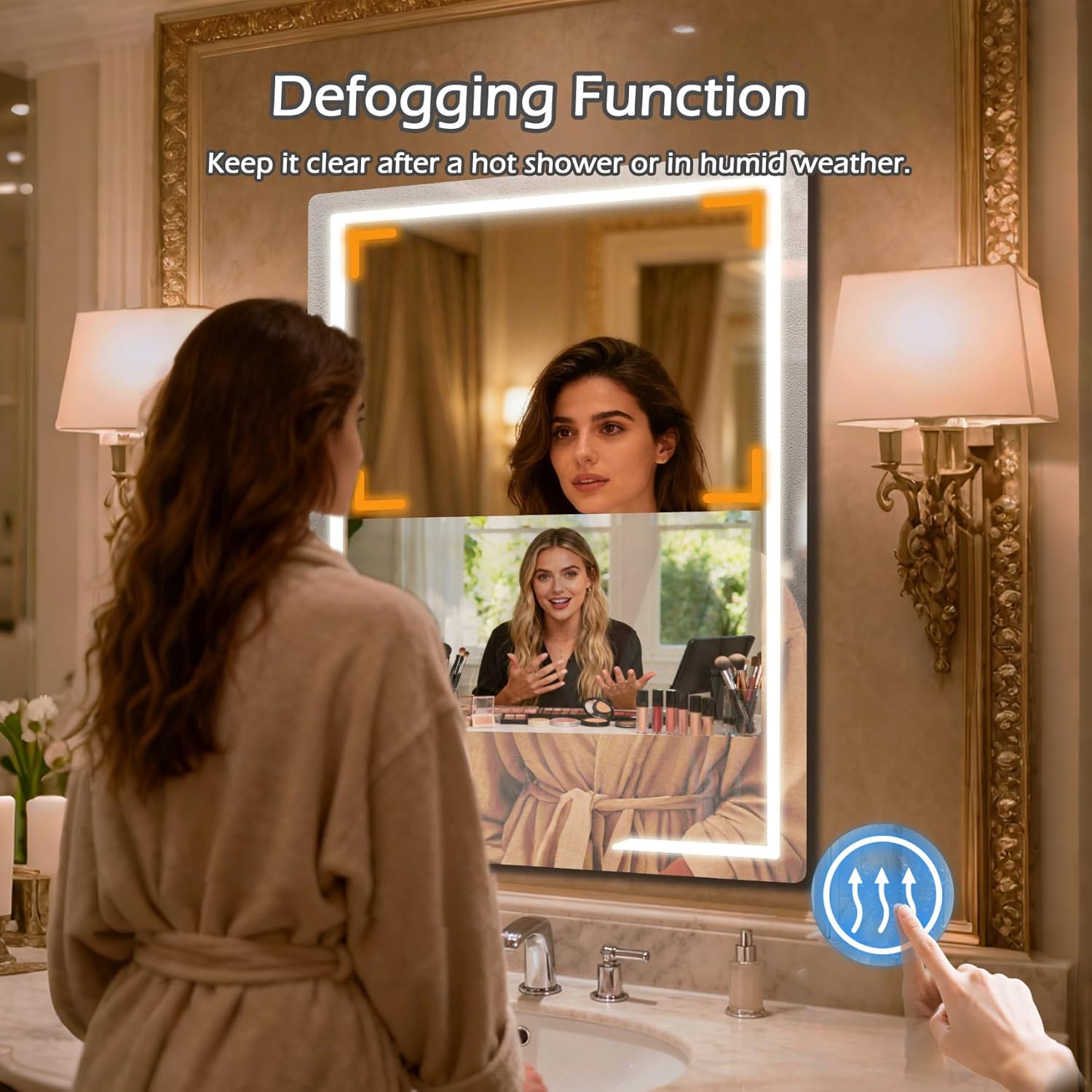 24x32 Inch Bathroom TV, Smart Vanity Mirror with 21.5'' Touch-Screen TV, IP66 Waterproof Defogging Mirror TV with 3 Color LED Light HDMI Android System for Bathroom Hotel Hair Salon (2025)