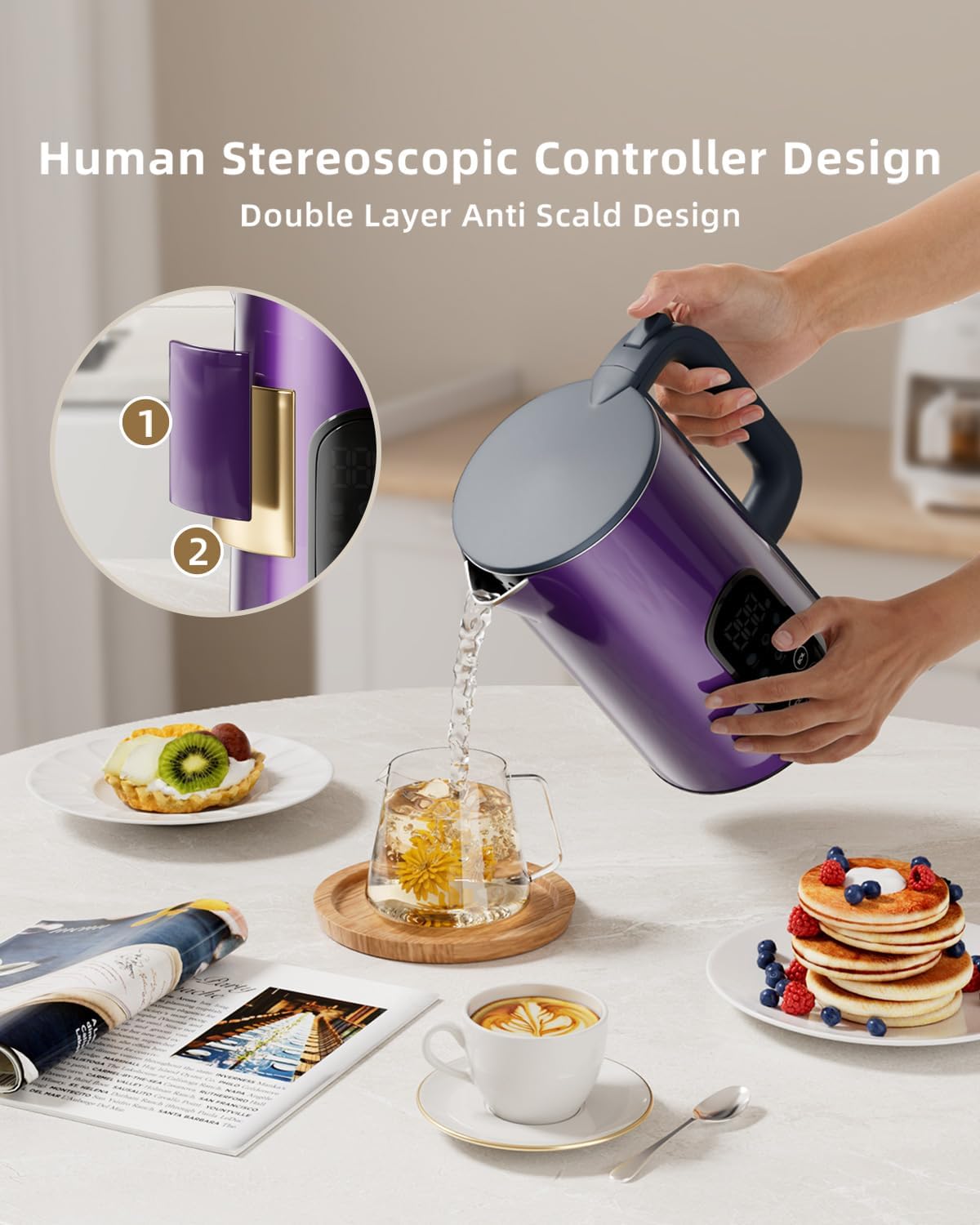 Tisania Smart Electric Kettle with Temp Control - 1.7L Cordless Kettle for Milk, Tea, Coffee, Baby Formula, 5 Presets & 2-Hour Keep Warm, Fast Boil Stainless Steel, Purple