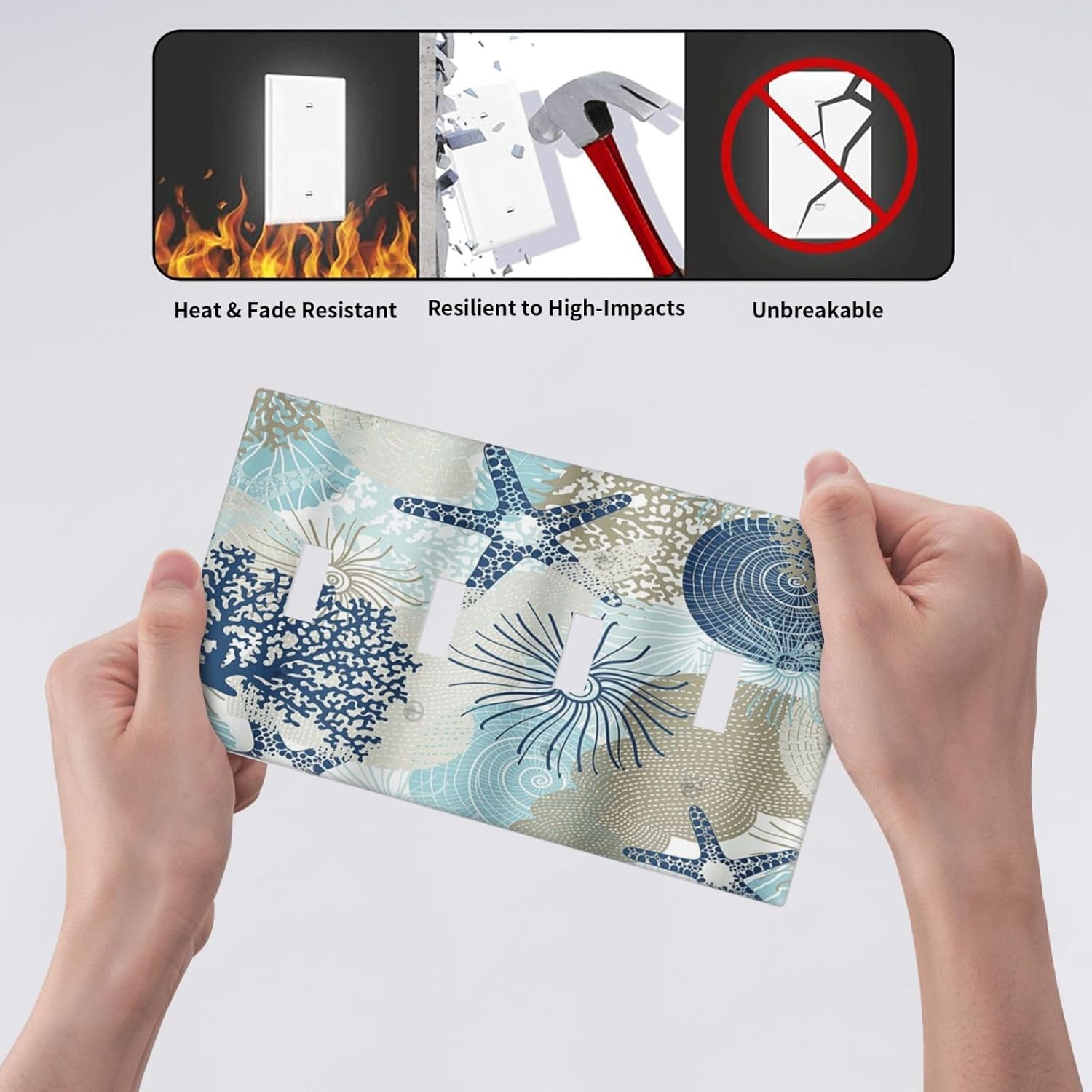 Decorative Light Switch Cover Plate Blue Starfish Brown Coral Ocean 4 Gang Wall Plates for Electrical Outlets Quad Toggle Switch Plate Covers Outlet Covers Faceplate for Girlroom Home Decor