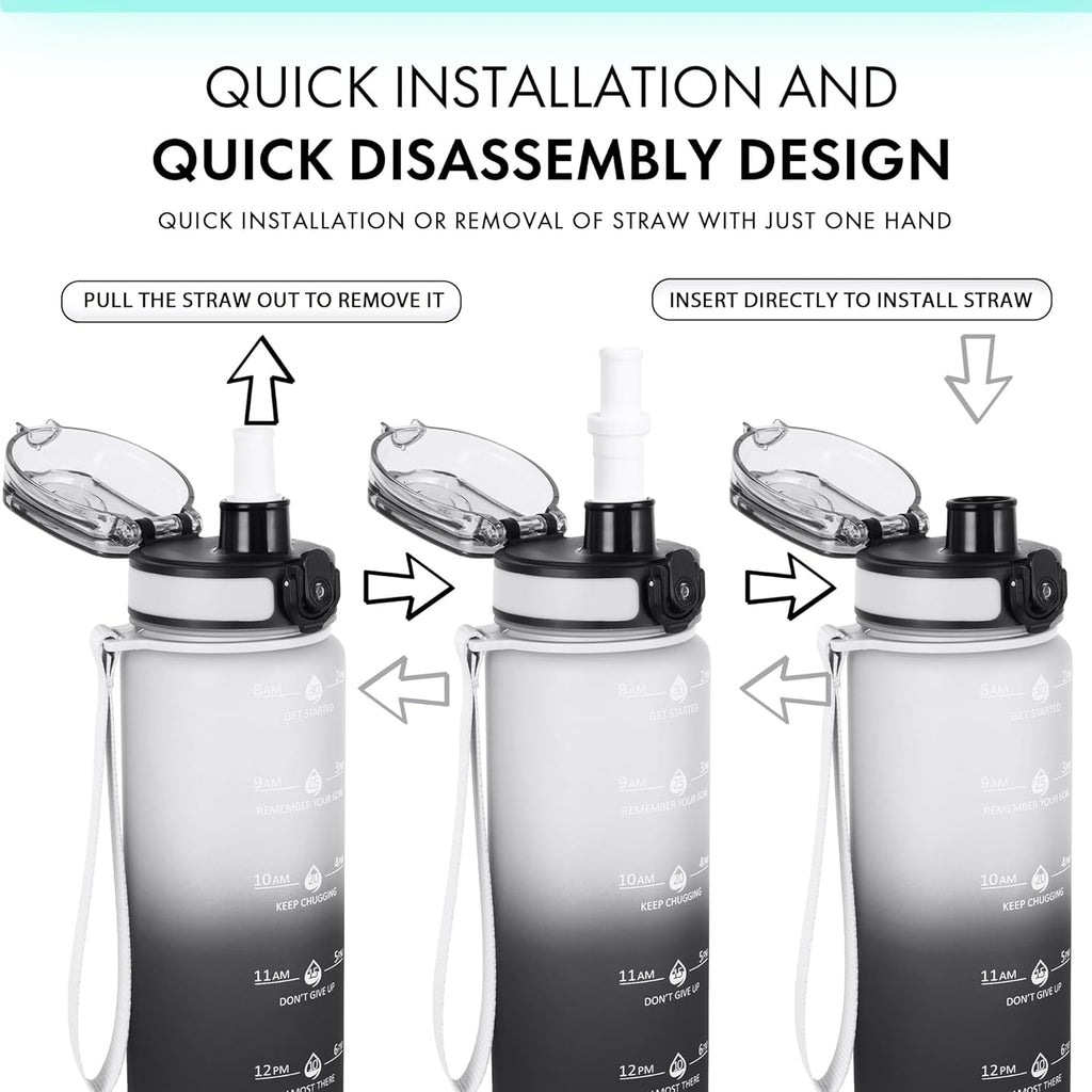 32oz Water Bottle with Time Marker, Motivational Drinking Bottle with Strap, BPA-Free Leak-Proof, Encouraging Water Bottle Time to Drink Water for Gym School Office Travel