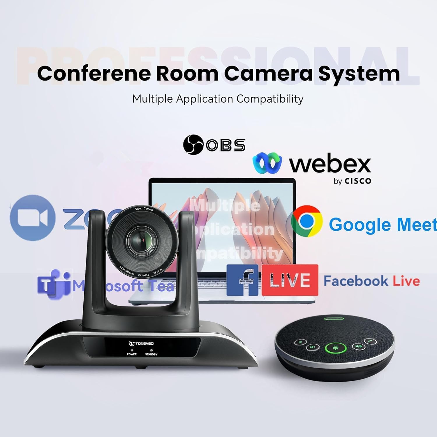 TONGVEO 10x Zoom Conference Room Video Camera System, All-in-One HD 1080P 60fps 10X Optical Zoom USB3.0 HDMI PTZ Camera and Bluetooth Conference Speaker with Microphones Bundle for Medium Room