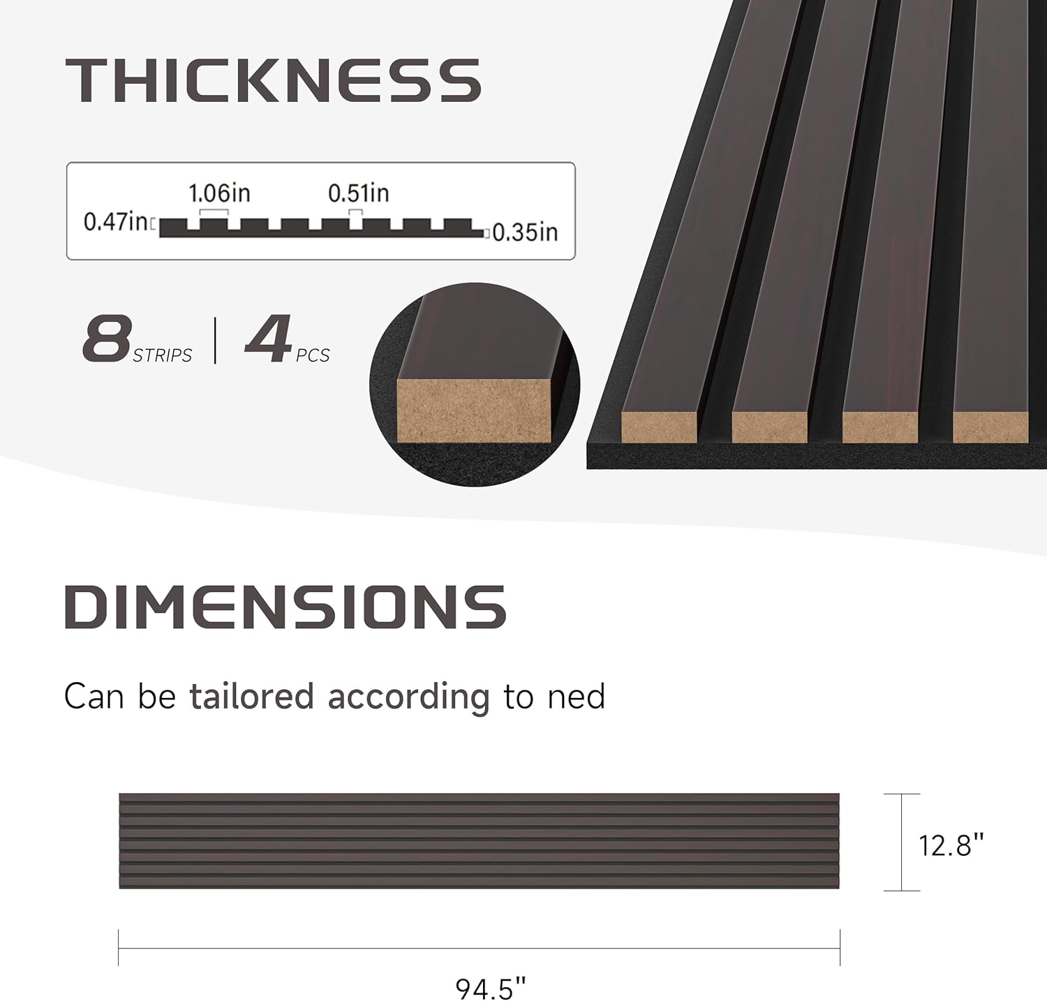 Stylish Decorative Wall Panels, 4 Pack 8 x 1 ft, Modern Acoustic Wood Panels with Felt Backing, Black-Brown Oak