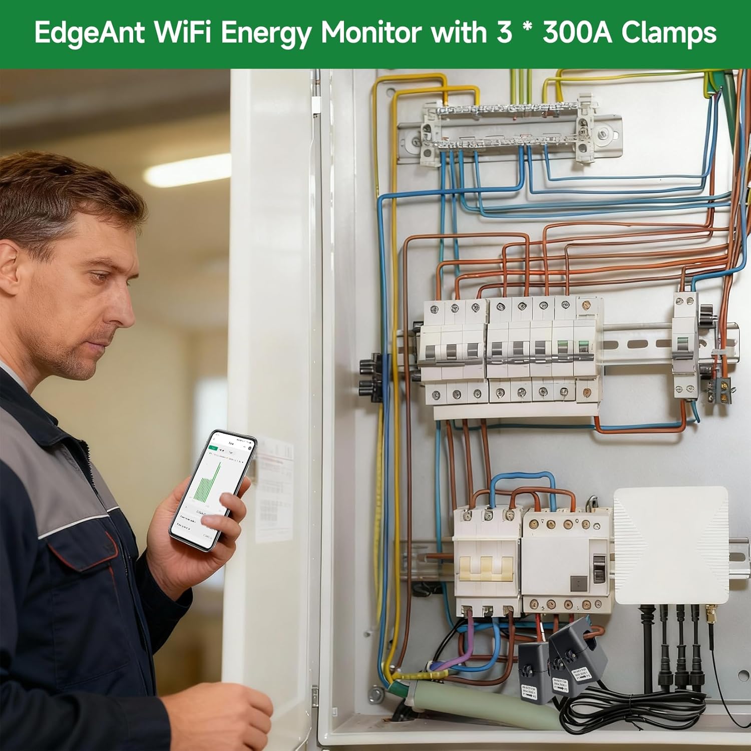Smart Home Energy Monitor with 3 300A Clamps EdgeAnt, Real-Time Accurate Energy Consumption Tracking and Save Money, Home Energy Automation and Control, Solar Net Metering 2.4 GHz WiFi