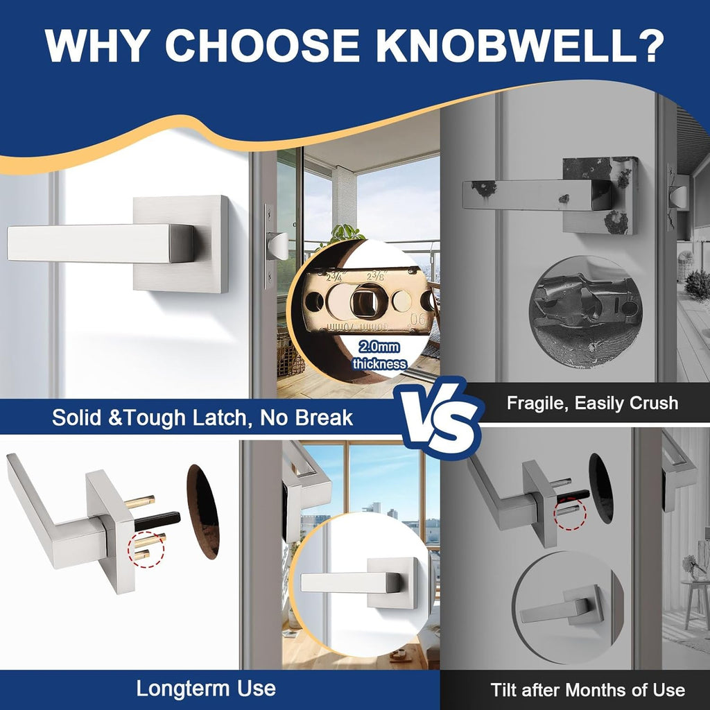 KNOBWELL 6 Pack Brushed Nickel Interior Door Knob, Heavy Duty Passage Lever Door Handle for Closet Hallway Satin Nickel Indoor Door Handle(No Lock)