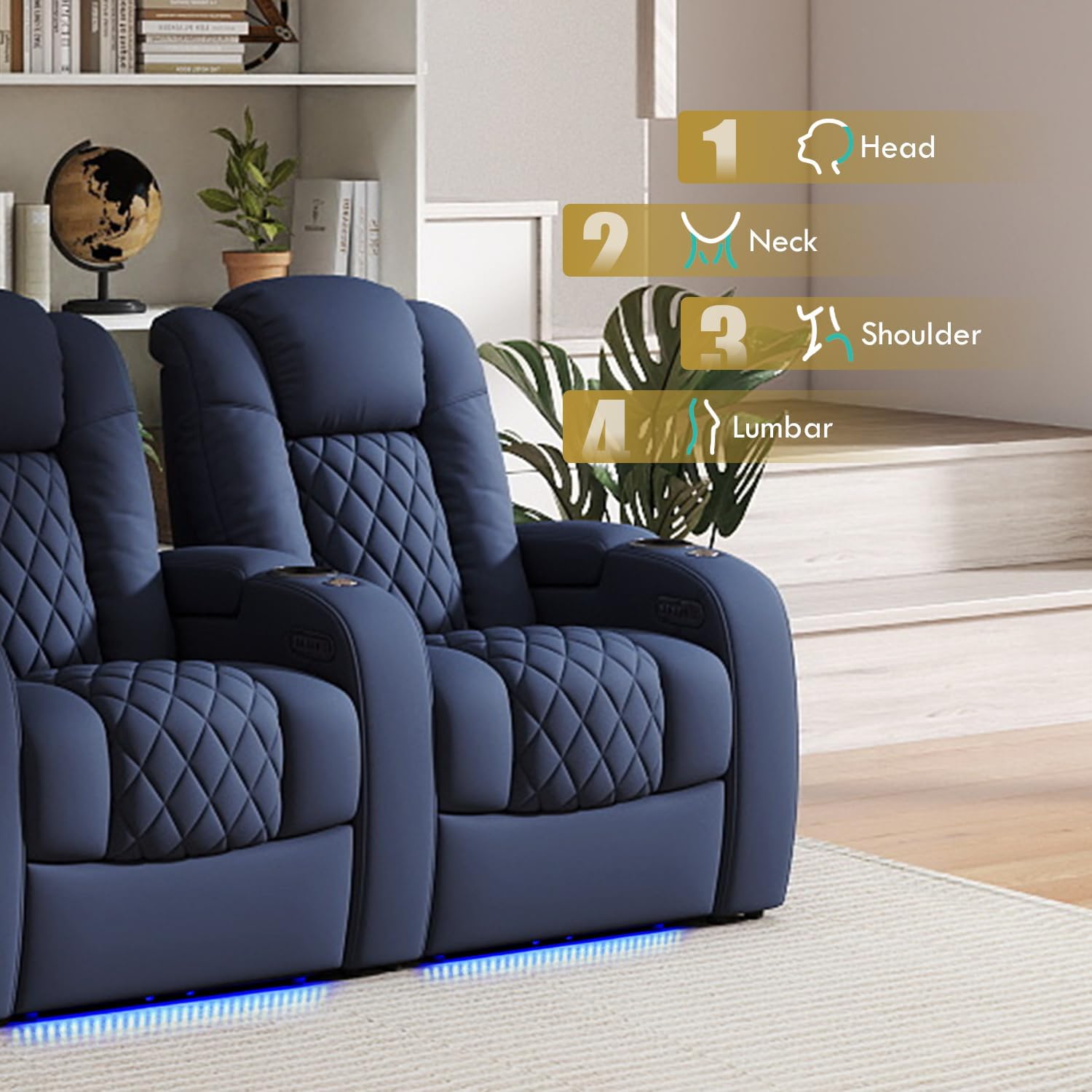 Weilianda Home Theater Seating Top Grain Leather Zero Gravity Recliner Chair Power Headrest Recline Movie Seat Gaming 7 Colors Mood Light Sofa with Tray Table USB Charge Row of 5 Loveseat Left Blue
