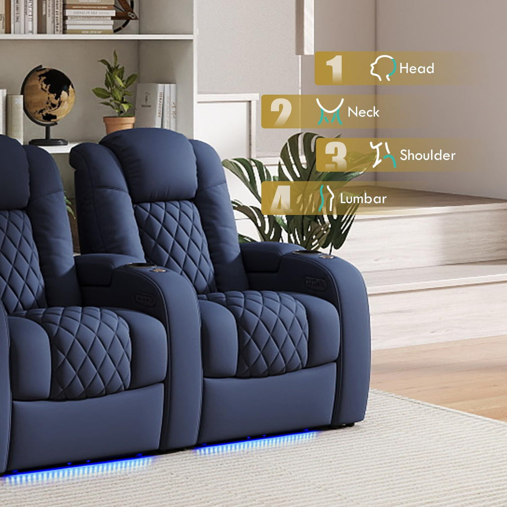 Weilianda Home Theater Seating Top Grain Leather Zero Gravity Recliner Chair Power Headrest Recline Movie Seat Gaming 7 Colors Mood Light Sofa with Tray Table USB Charge Row of 3 Loveseat Left Blue