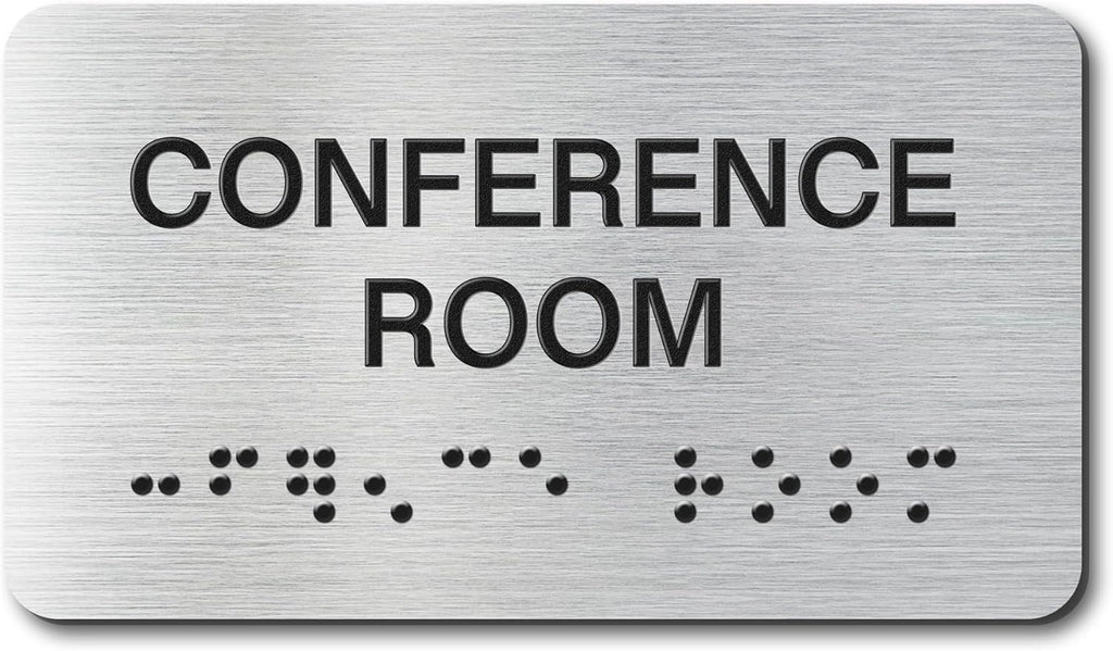 Conference Room Signs with Raised Text & Grade 2 Braille, Brushed Aluminum/Silver Finish Easy Install with Double-Sided Tape, ADA Compliant Conference Room Office Door Sign