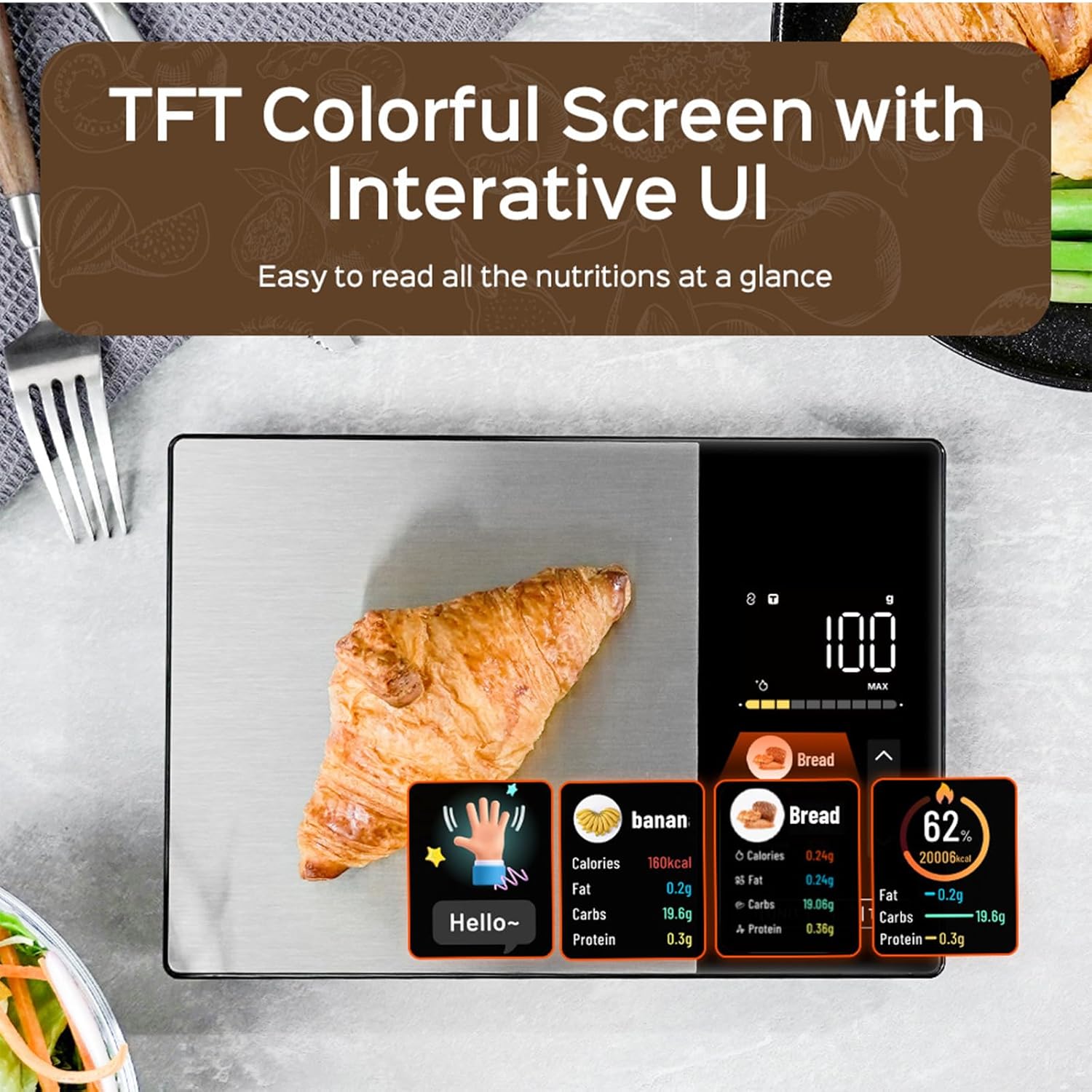 Smart Nutrition Food Scale with App Sync, Tracks 23 Nutrients (Calories Carbs Protein Fat), Digital Kitchen Scale for Weight Loss & Meal Prep, with High-Definition Touch Color Display Screen